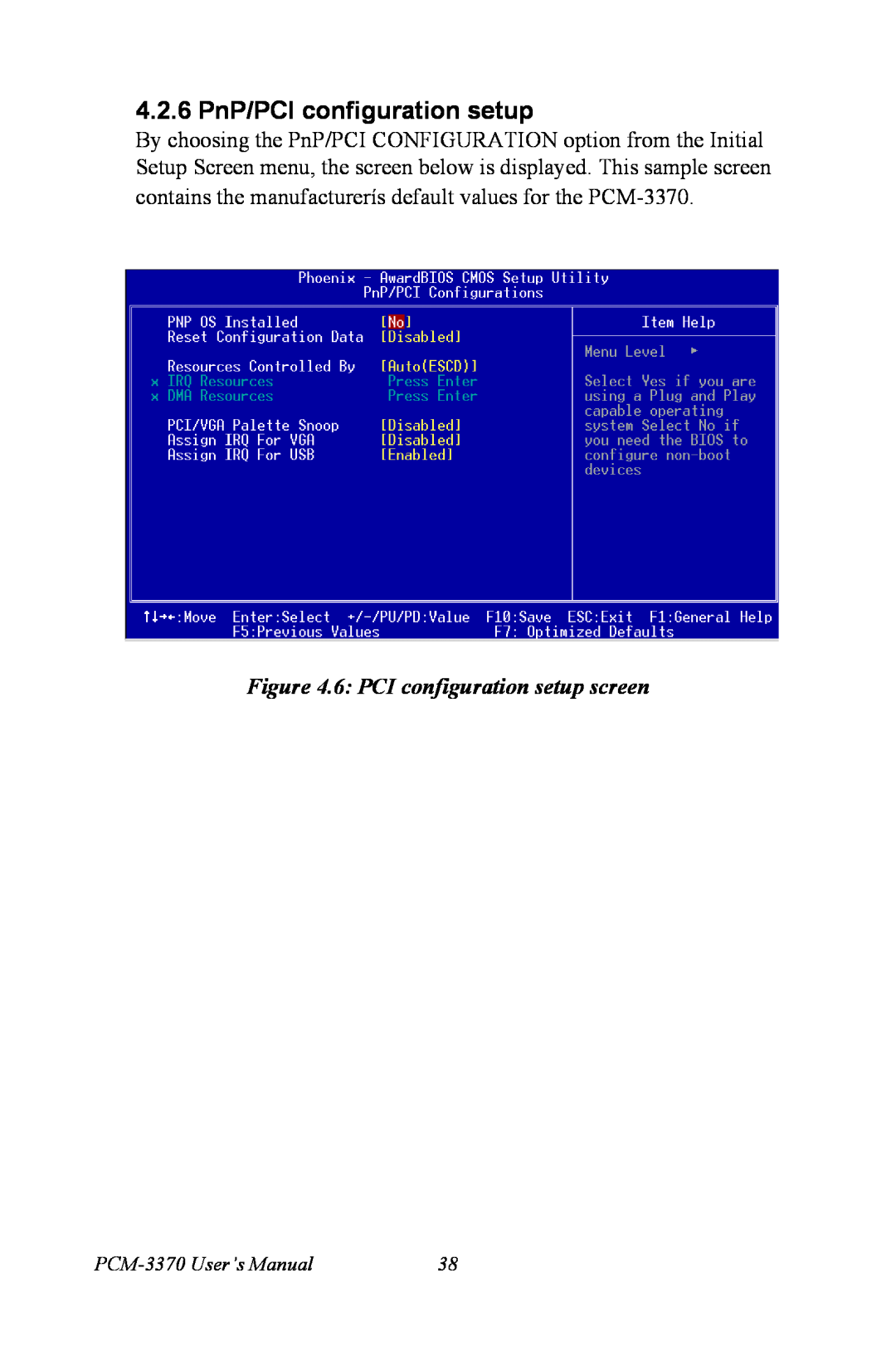 Intel user manual 4.2.6 PnP/PCI configuration setup, 6 PCI configuration setup screen, PCM-3370 User’s Manual 