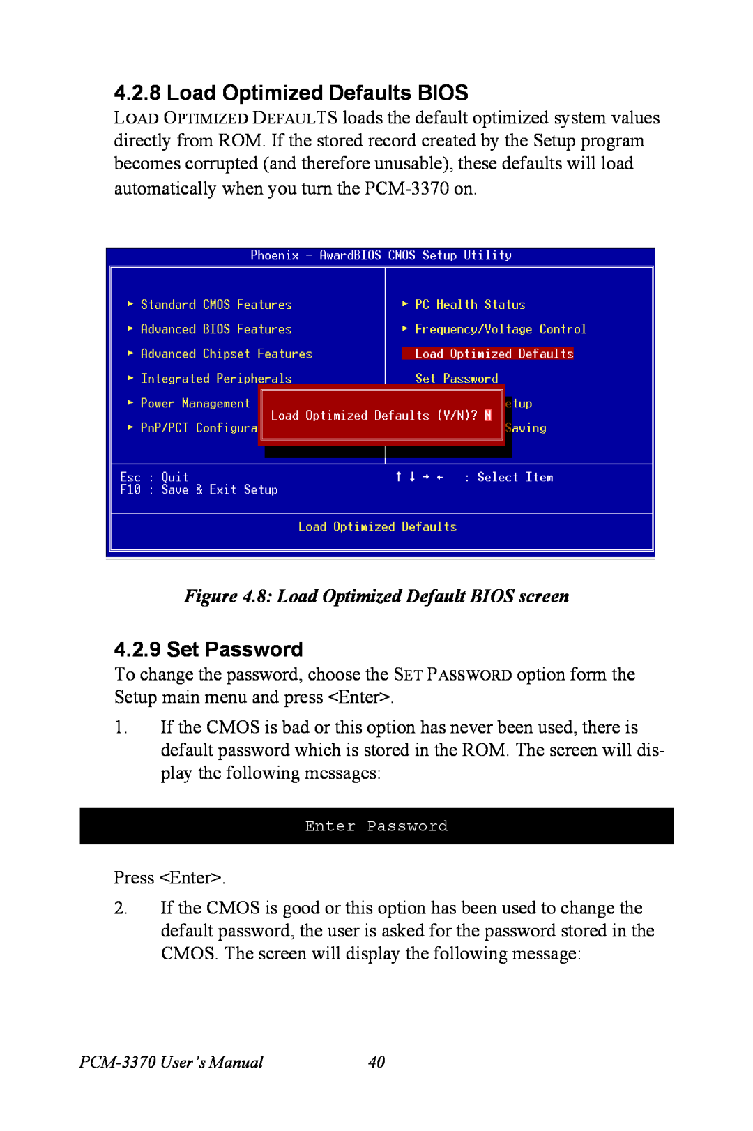 Intel PCM-3370 user manual Load Optimized Defaults BIOS, Set Password, 8 Load Optimized Default BIOS screen 