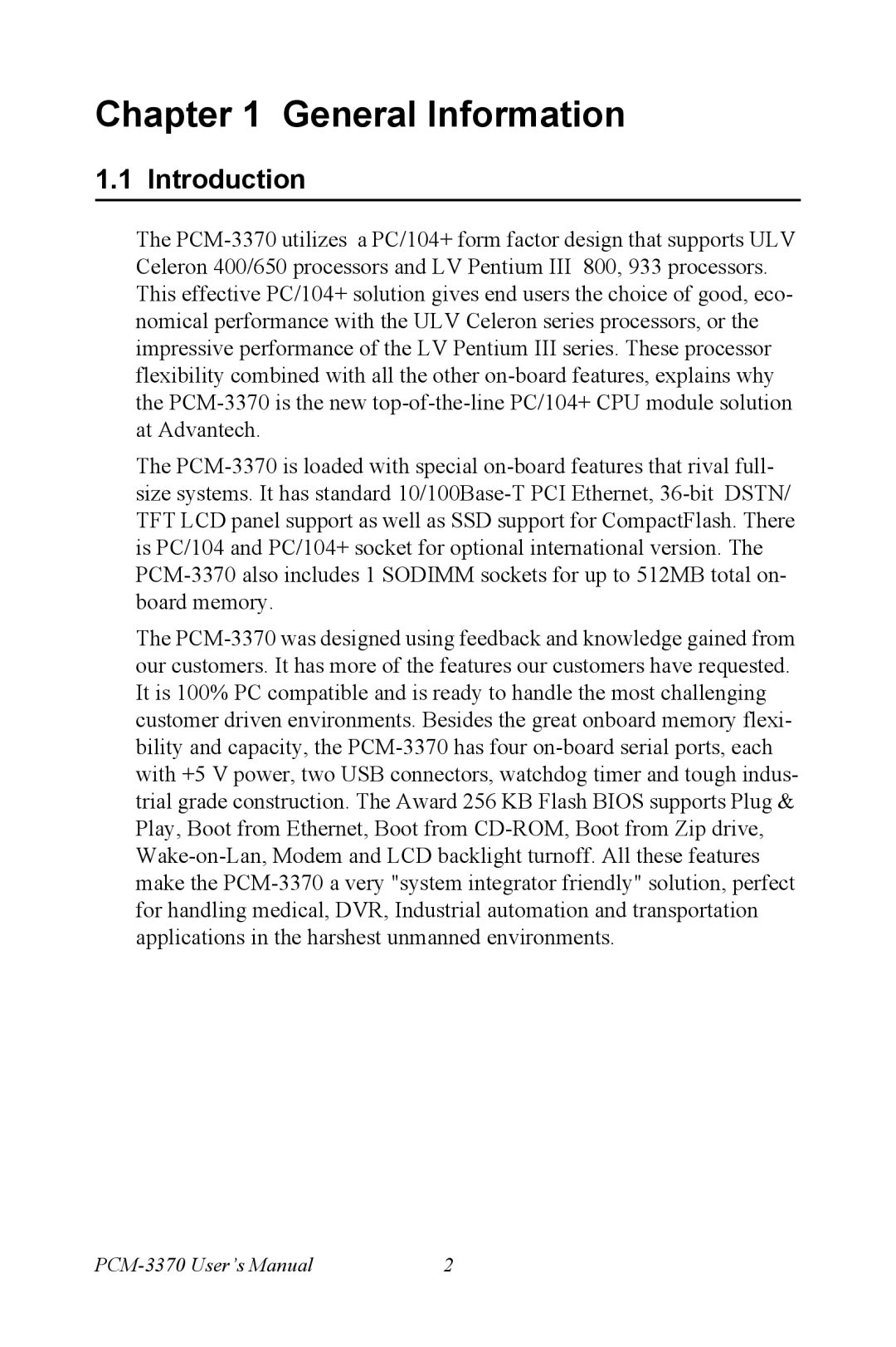 Intel PCM-3370 user manual Introduction 