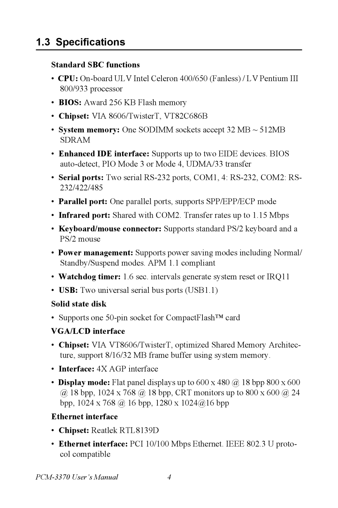 Intel PCM-3370 user manual Specifications, Standard SBC functions 