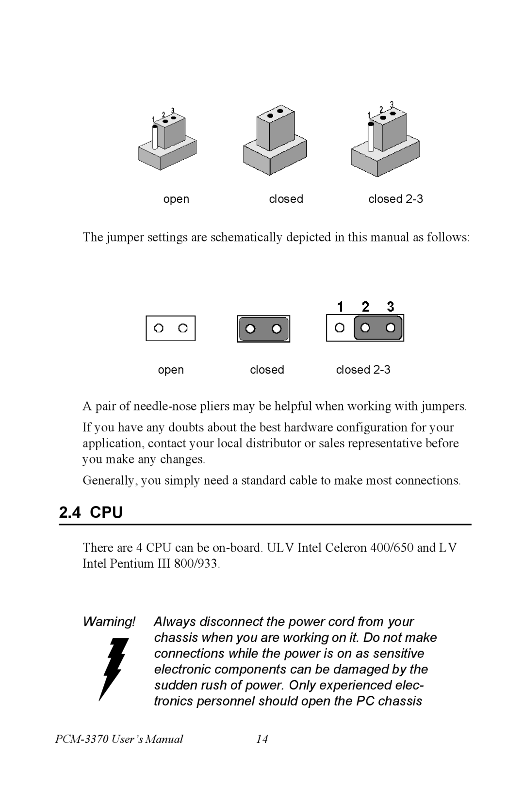 Intel PCM-3370 user manual Cpu 