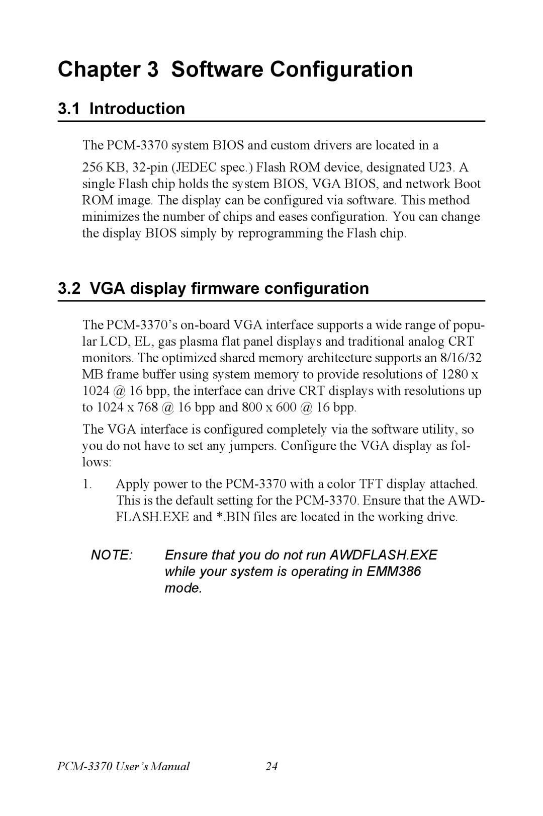 Intel PCM-3370 user manual VGA display firmware configuration, Mode 