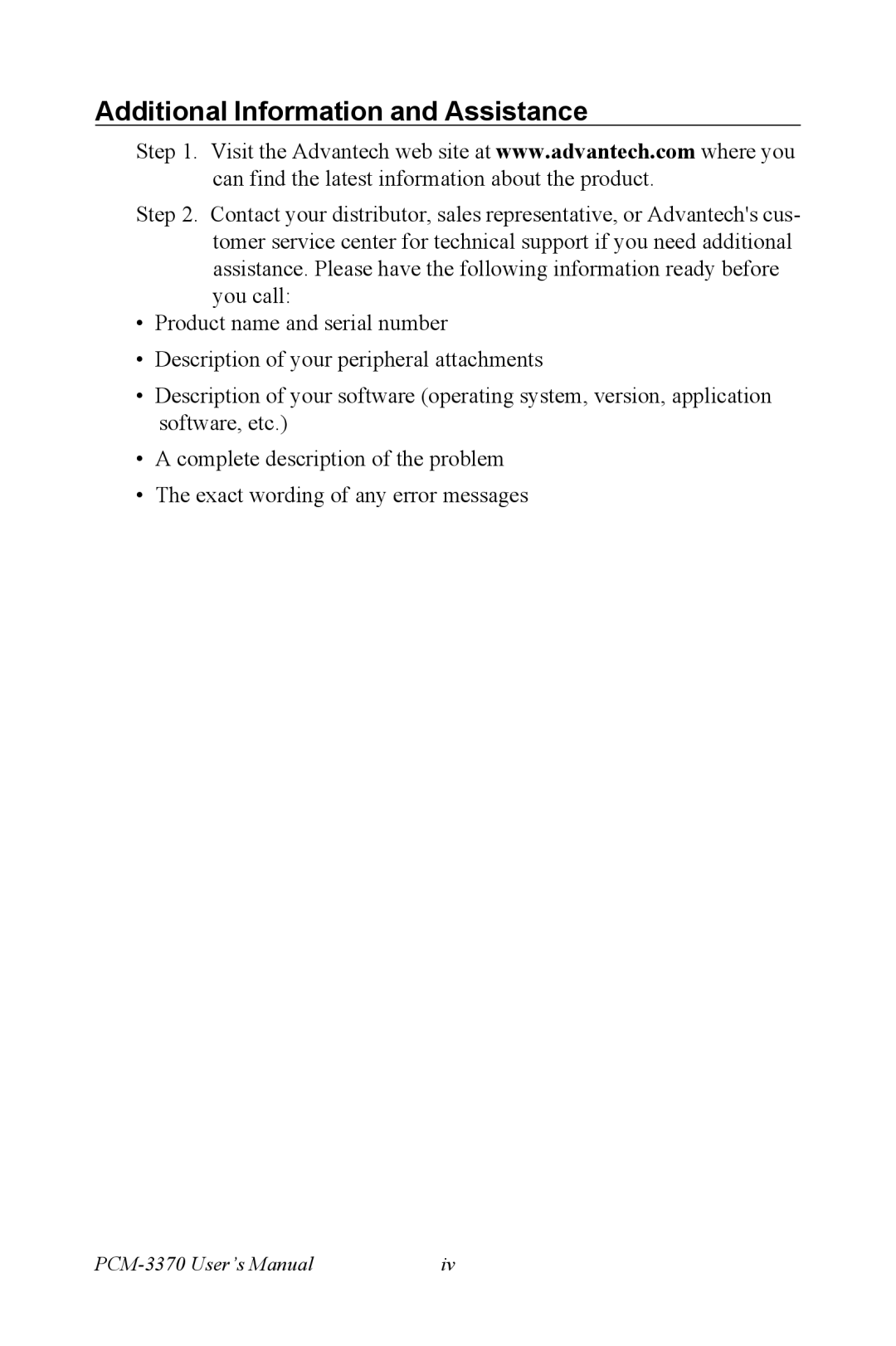 Intel PCM-3370 user manual Additional Information and Assistance 