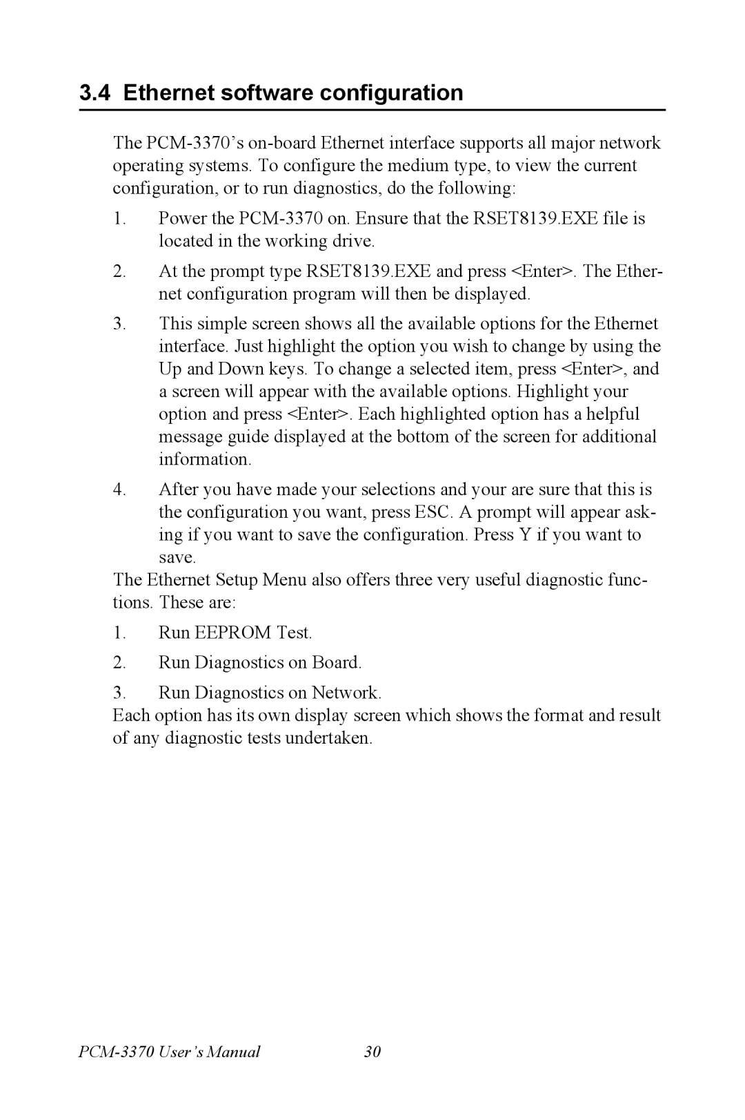 Intel PCM-3370 user manual Ethernet software configuration 