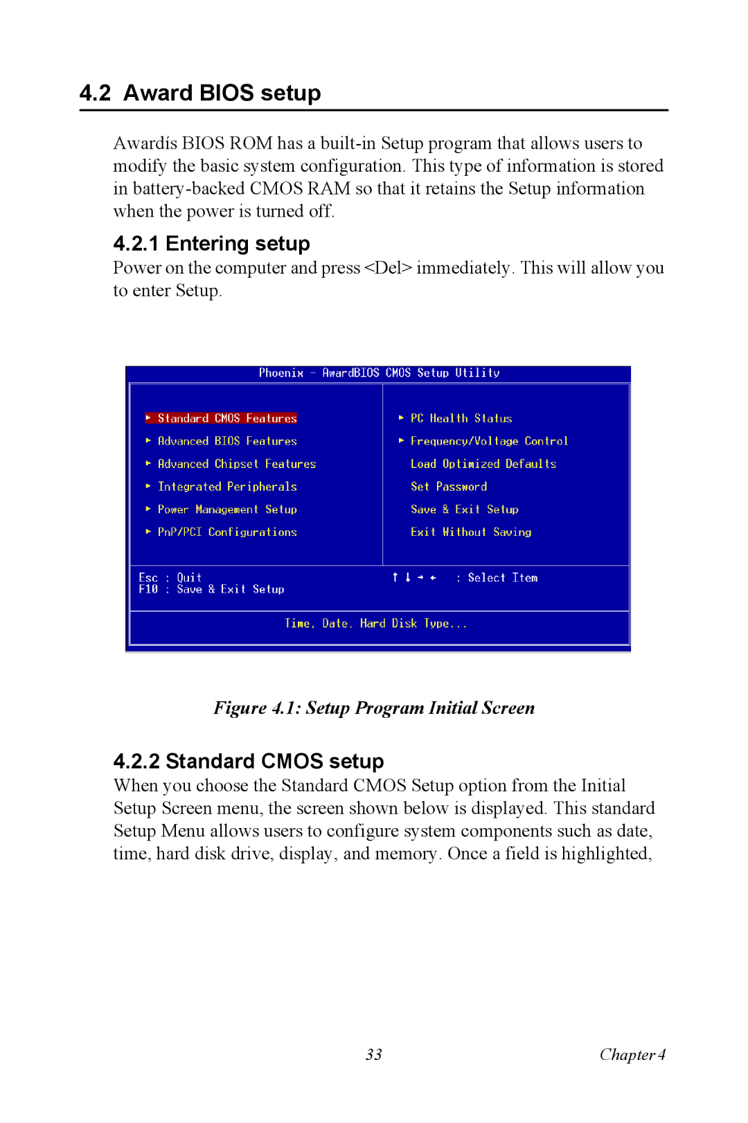 Intel PCM-3370 user manual Award Bios setup, Entering setup, Standard Cmos setup 