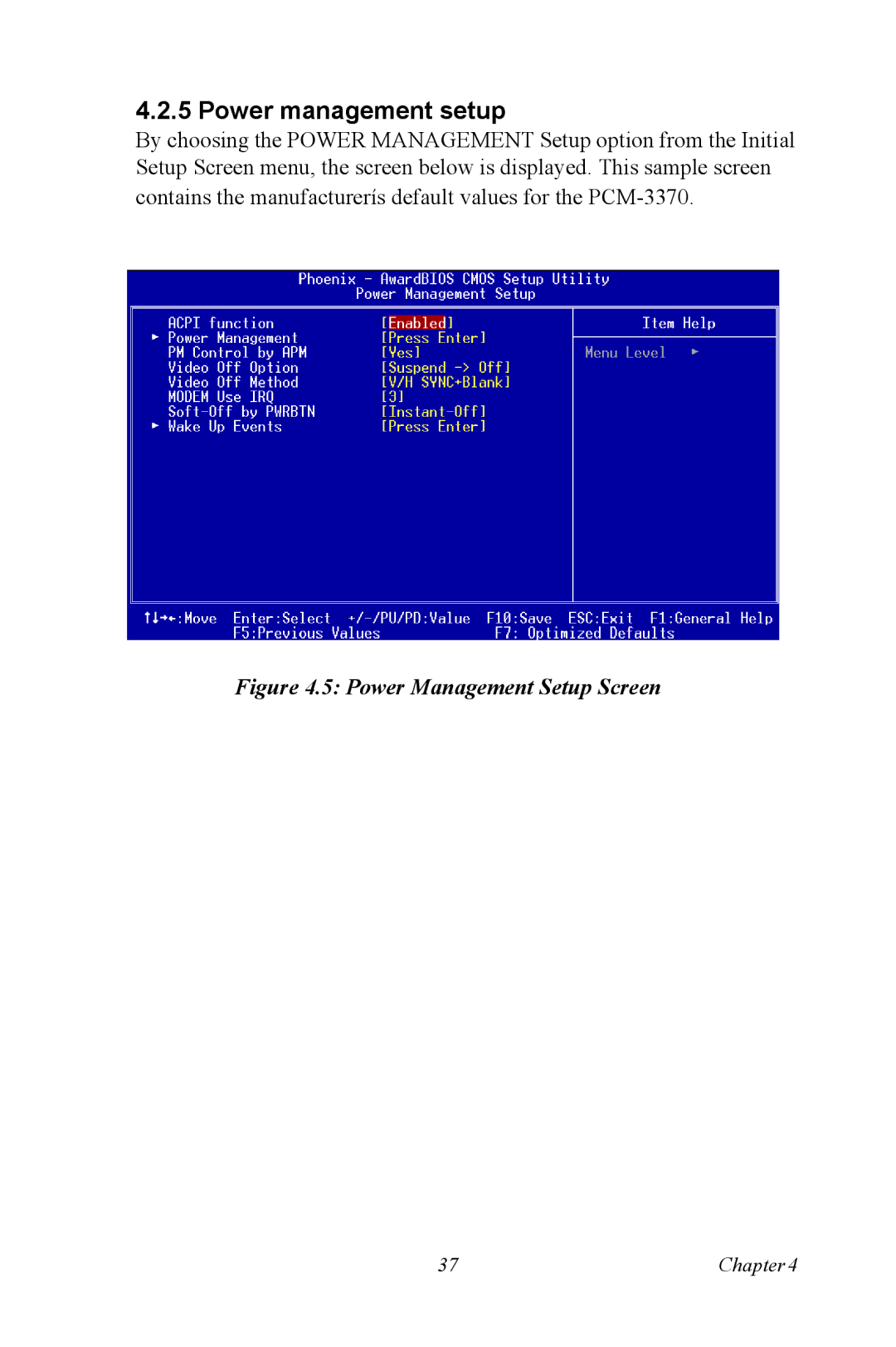 Intel PCM-3370 user manual Power management setup, Power Management Setup Screen 