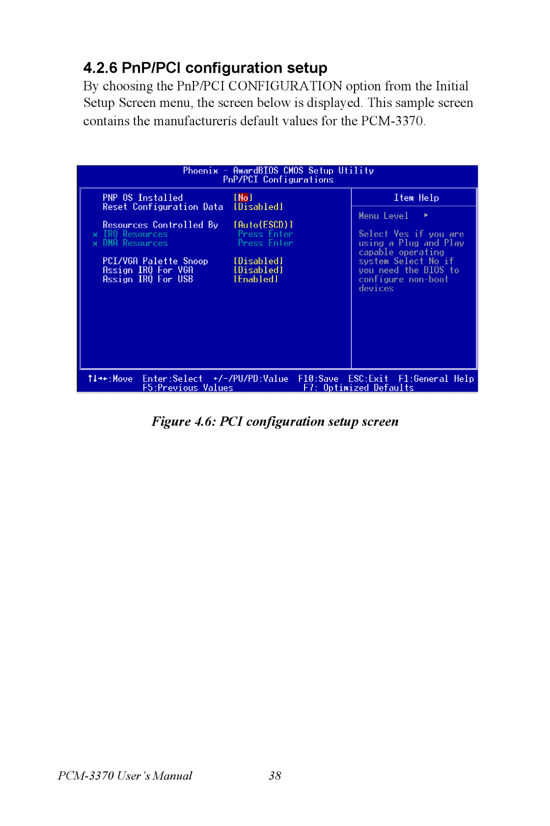 Intel PCM-3370 user manual 6 PnP/PCI configuration setup, PCI configuration setup screen 