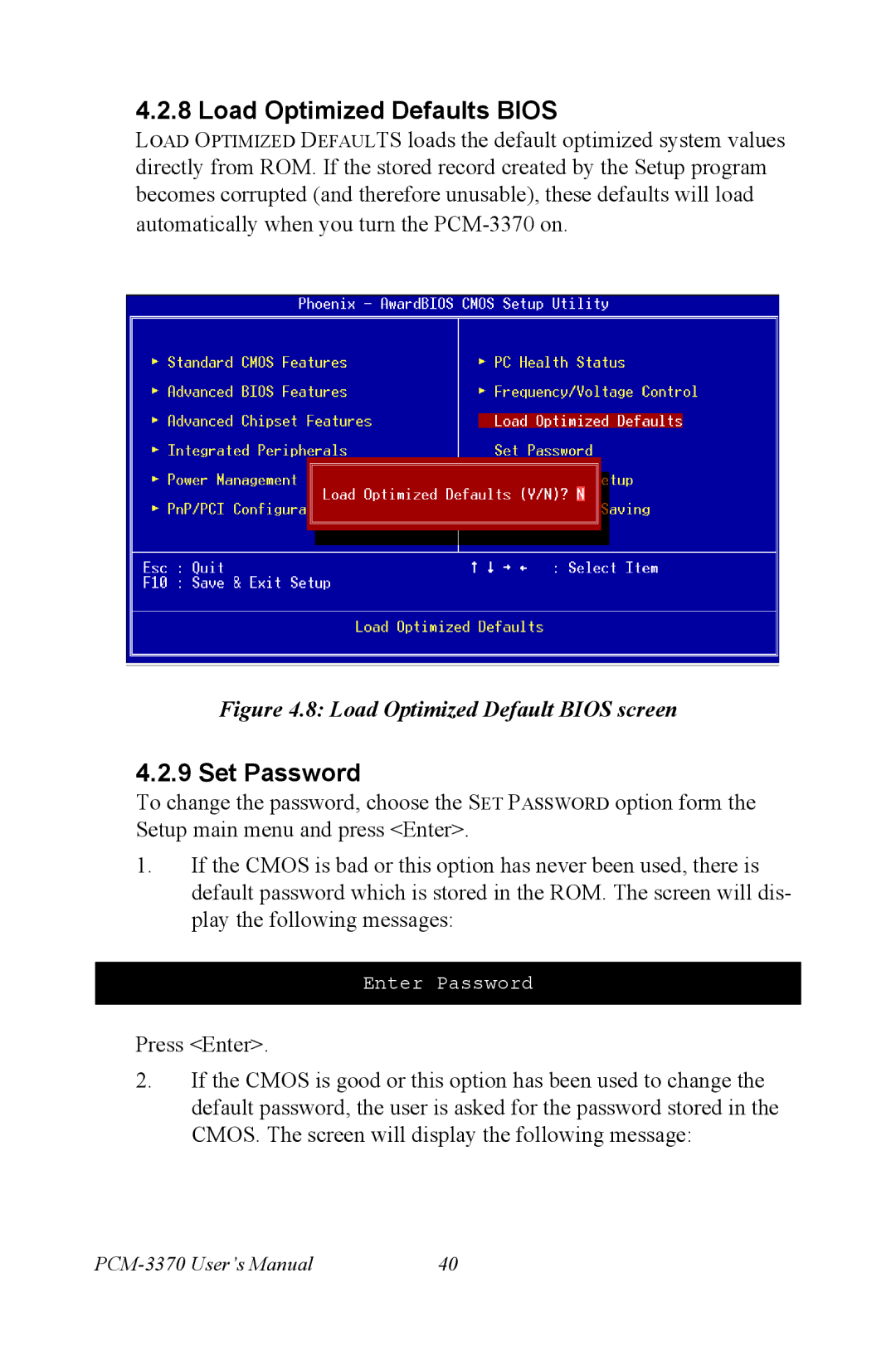 Intel PCM-3370 user manual Load Optimized Defaults Bios, Set Password 