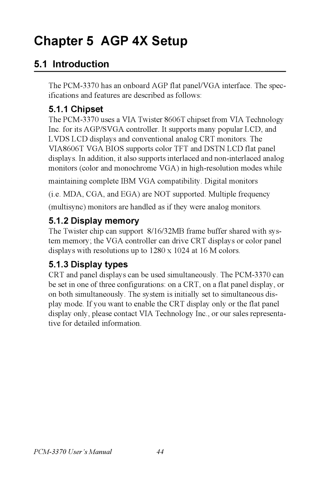 Intel PCM-3370 user manual Chipset, Display memory, Display types 