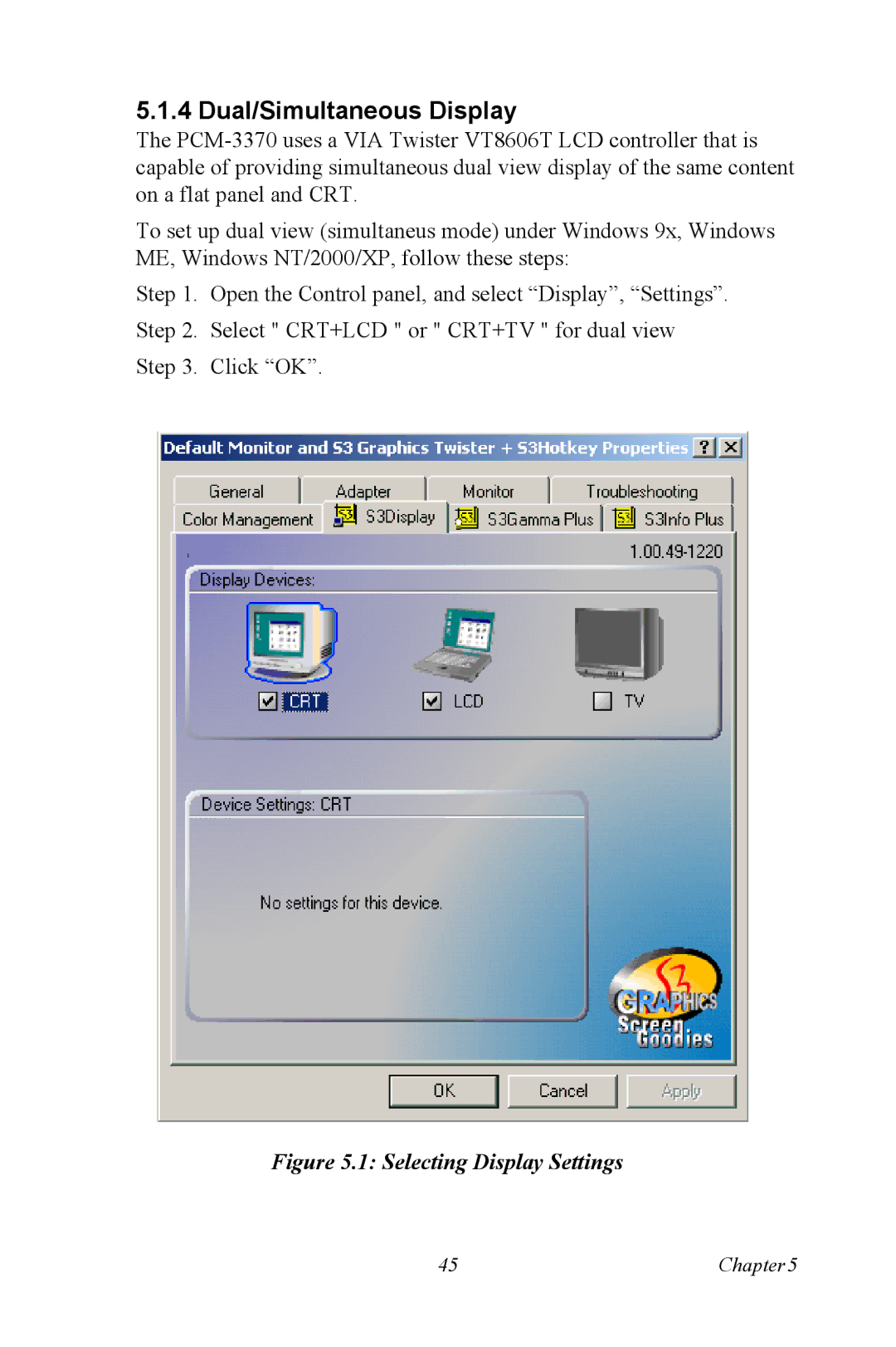 Intel PCM-3370 user manual Dual/Simultaneous Display, Selecting Display Settings 