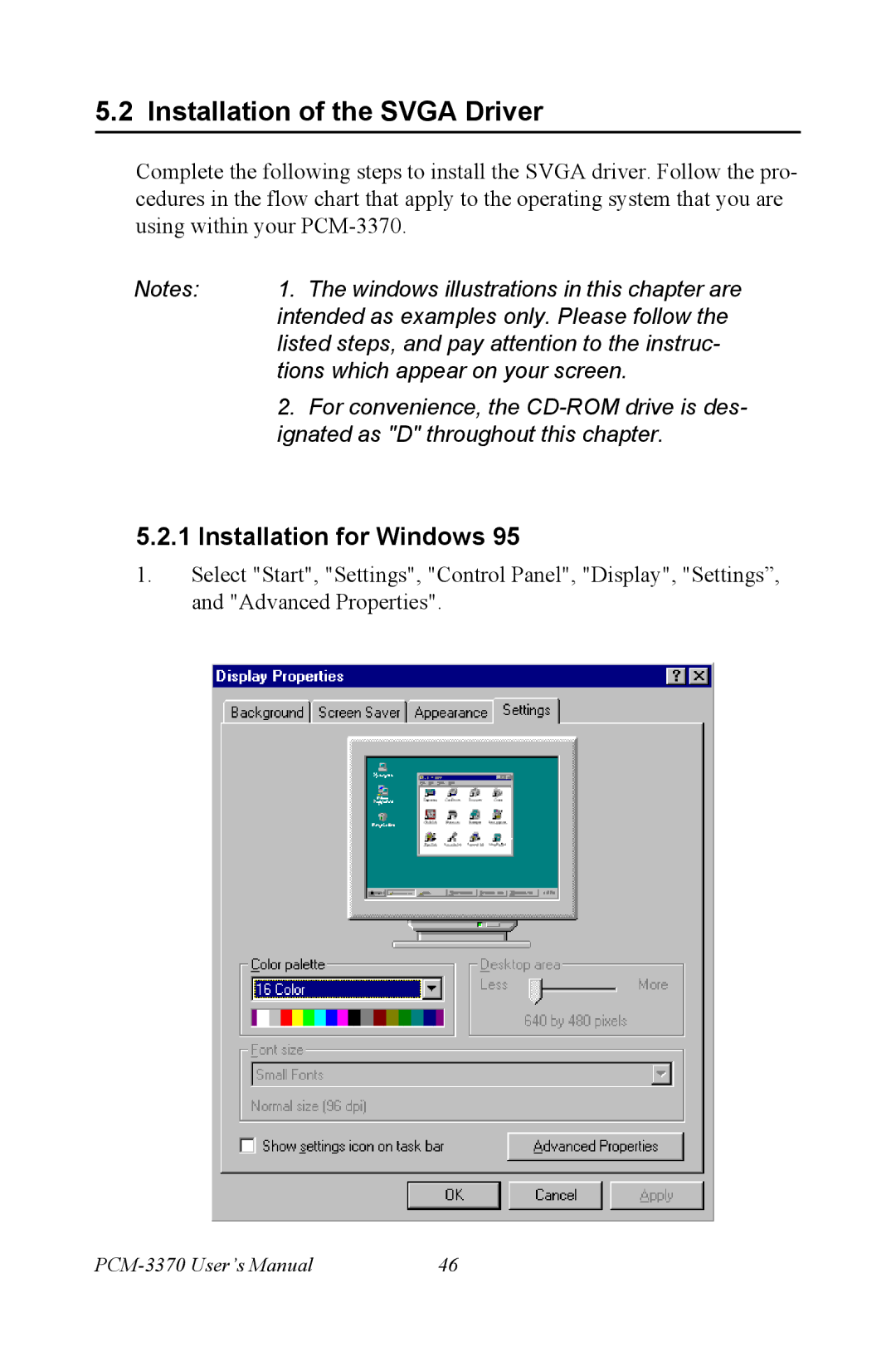 Intel PCM-3370 user manual Installation of the Svga Driver, Installation for Windows 