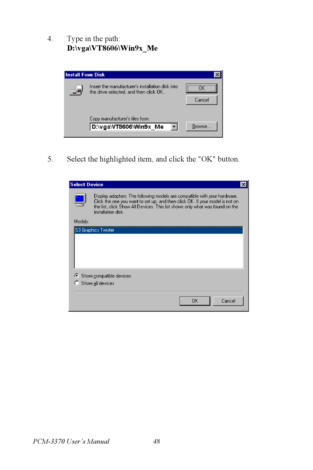 Intel PCM-3370 user manual vga\VT8606\Win9xMe 