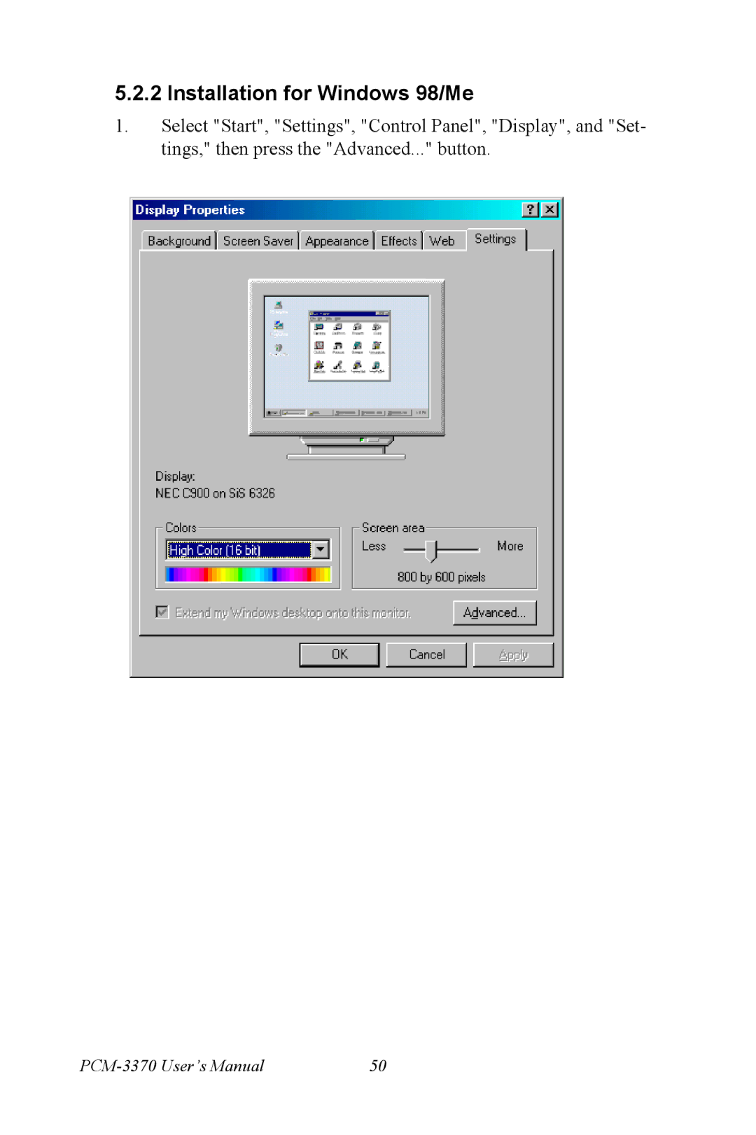 Intel PCM-3370 user manual Installation for Windows 98/Me 