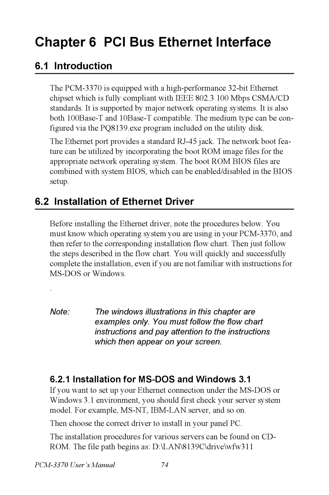 Intel PCM-3370 user manual PCI Bus Ethernet Interface, Installation of Ethernet Driver, Installation for MS-DOS and Windows 