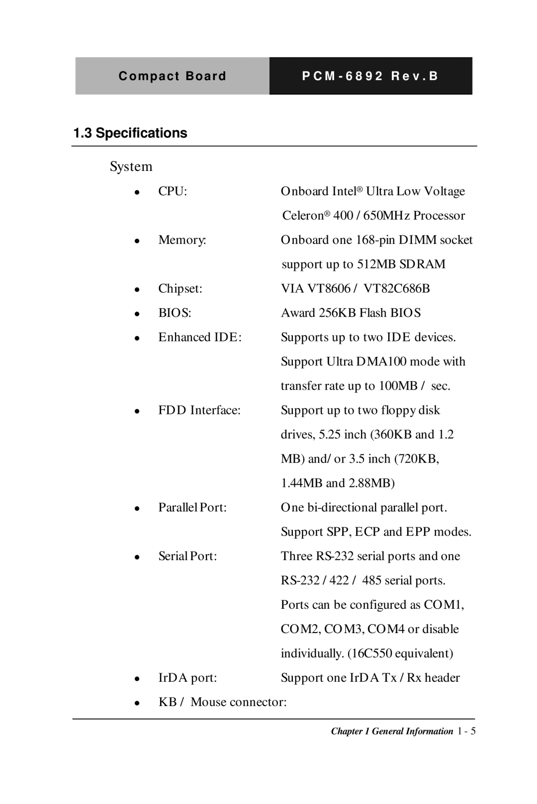 Intel PCM-6892 Rev.B, Compact Board manual Specifications, System 