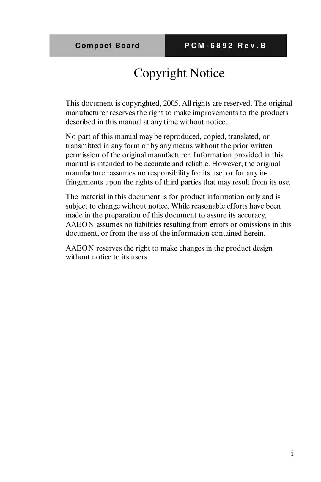 Intel PCM-6892 Rev.B, Compact Board manual Copyright Notice 