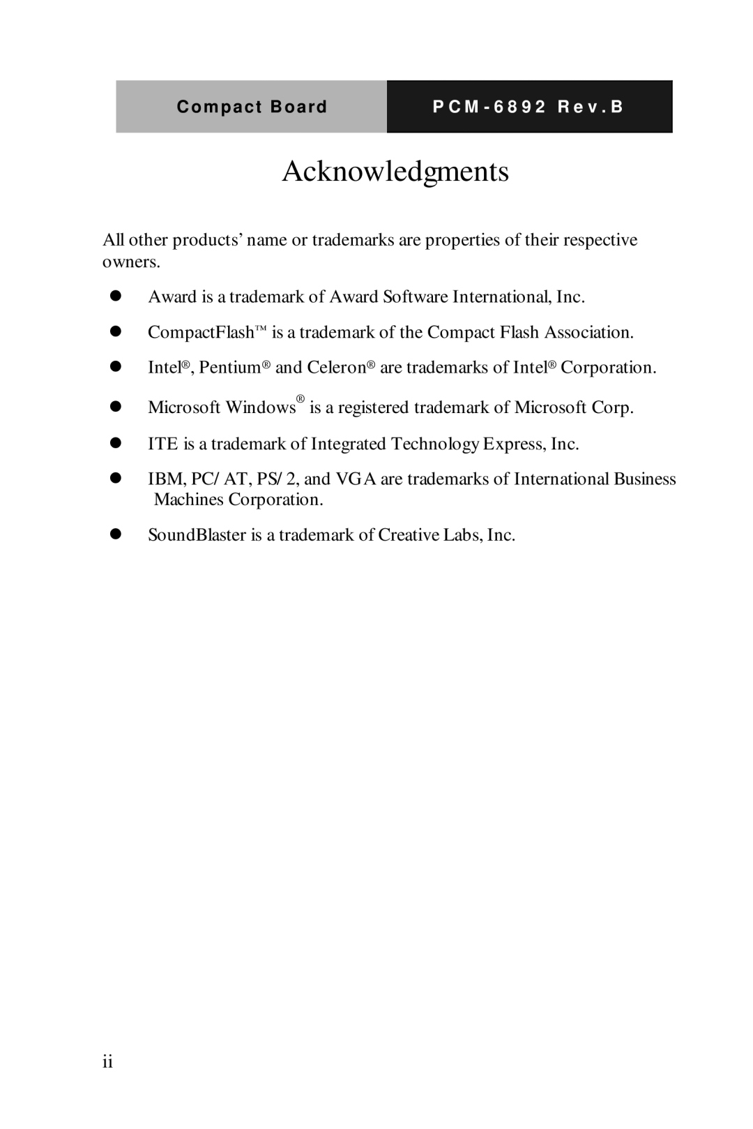 Intel Compact Board, PCM-6892 Rev.B manual Acknowledgments 