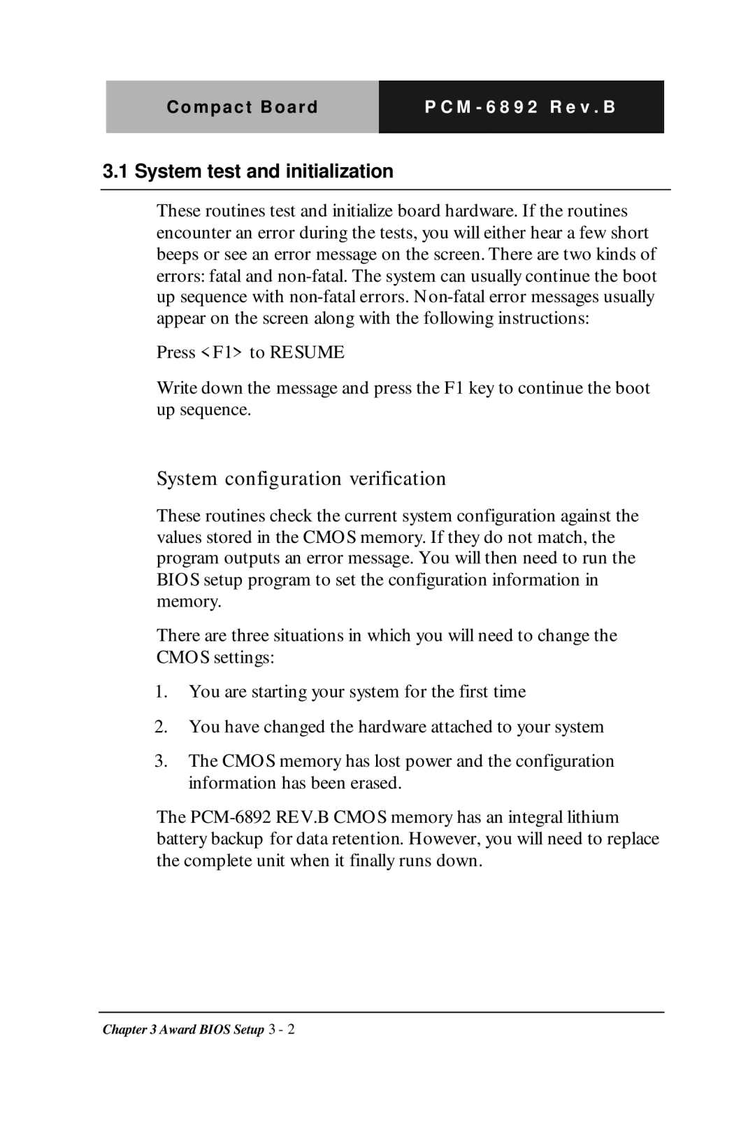 Intel PCM-6892 Rev.B, Compact Board manual System test and initialization, System configuration verification 