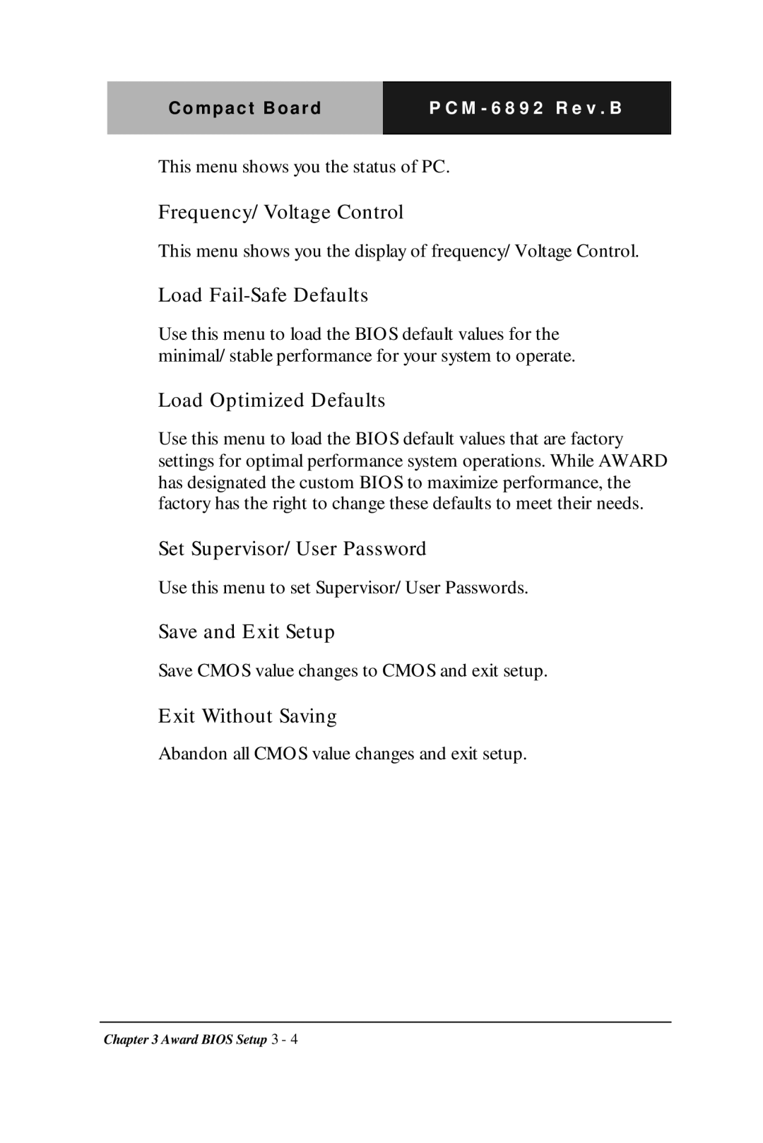 Intel PCM-6892 Rev.B, Compact Board manual Frequency/Voltage Control 