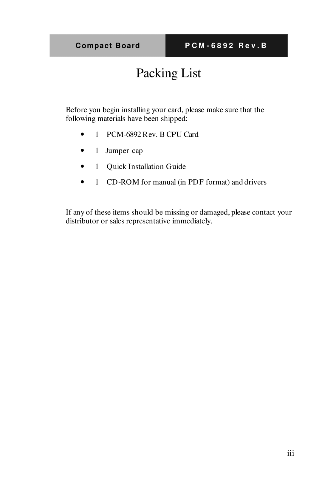 Intel PCM-6892 Rev.B, Compact Board manual Packing List 