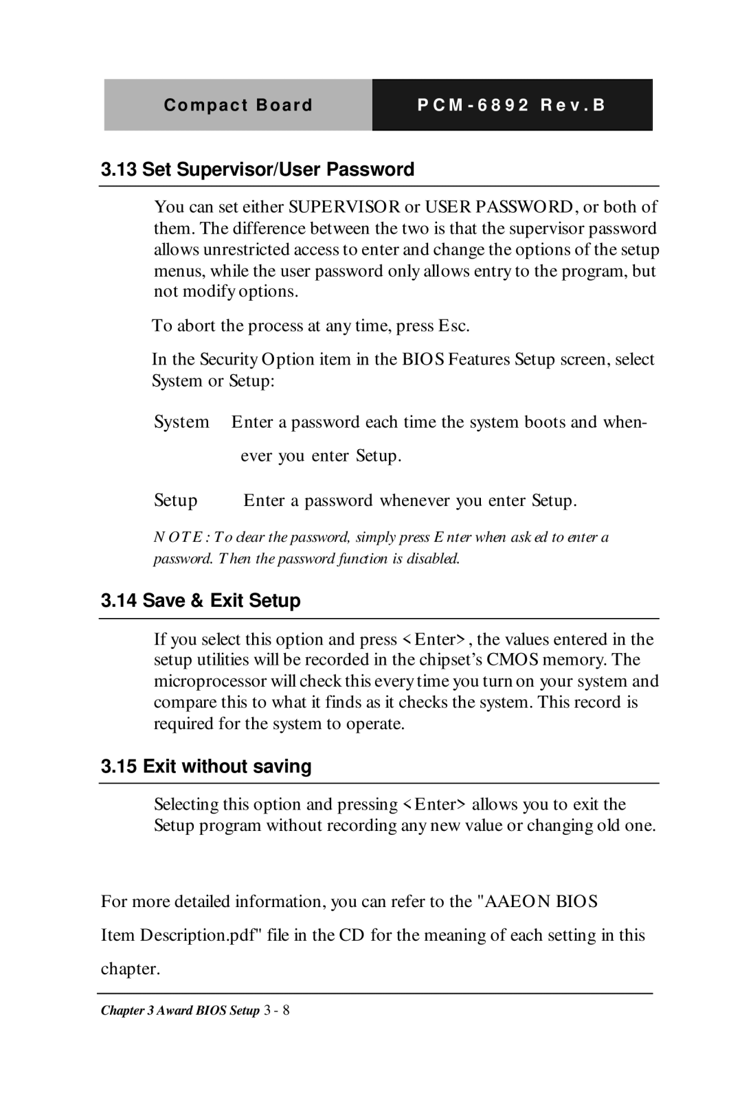 Intel PCM-6892 Rev.B, Compact Board manual Set Supervisor/User Password, Save & Exit Setup, Exit without saving 