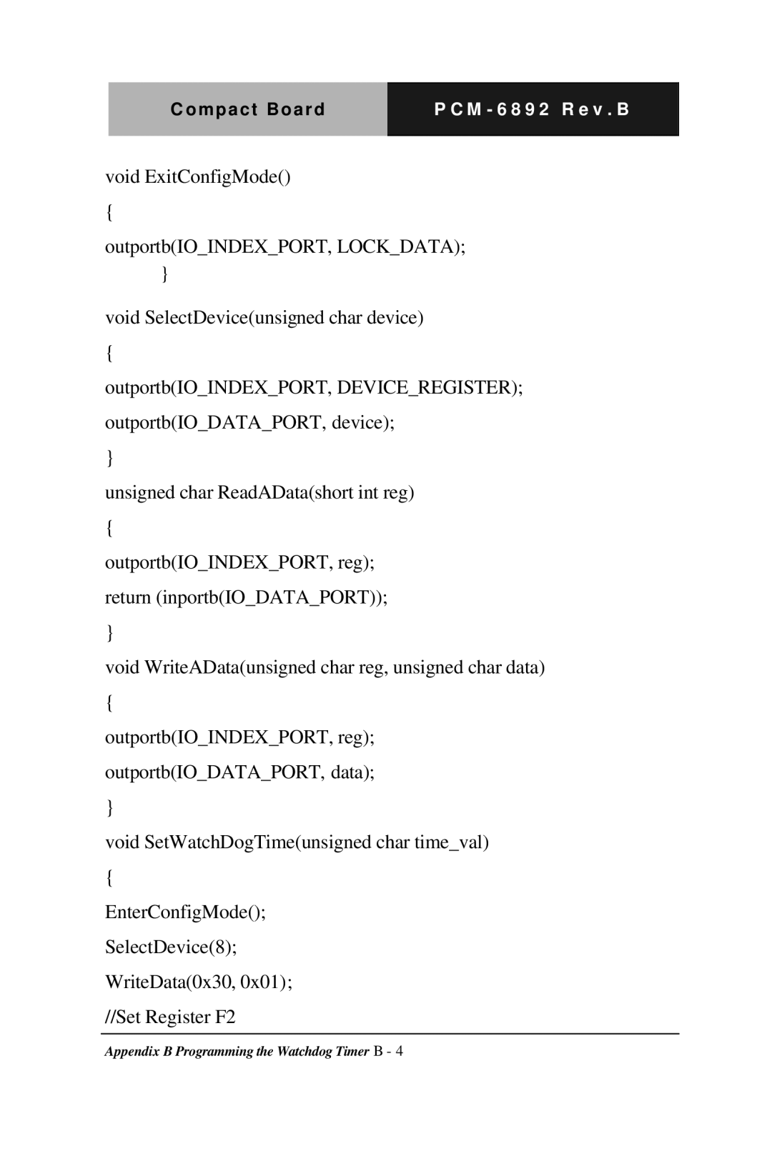 Intel Compact Board, PCM-6892 Rev.B manual Unsigned char ReadADatashort int reg 