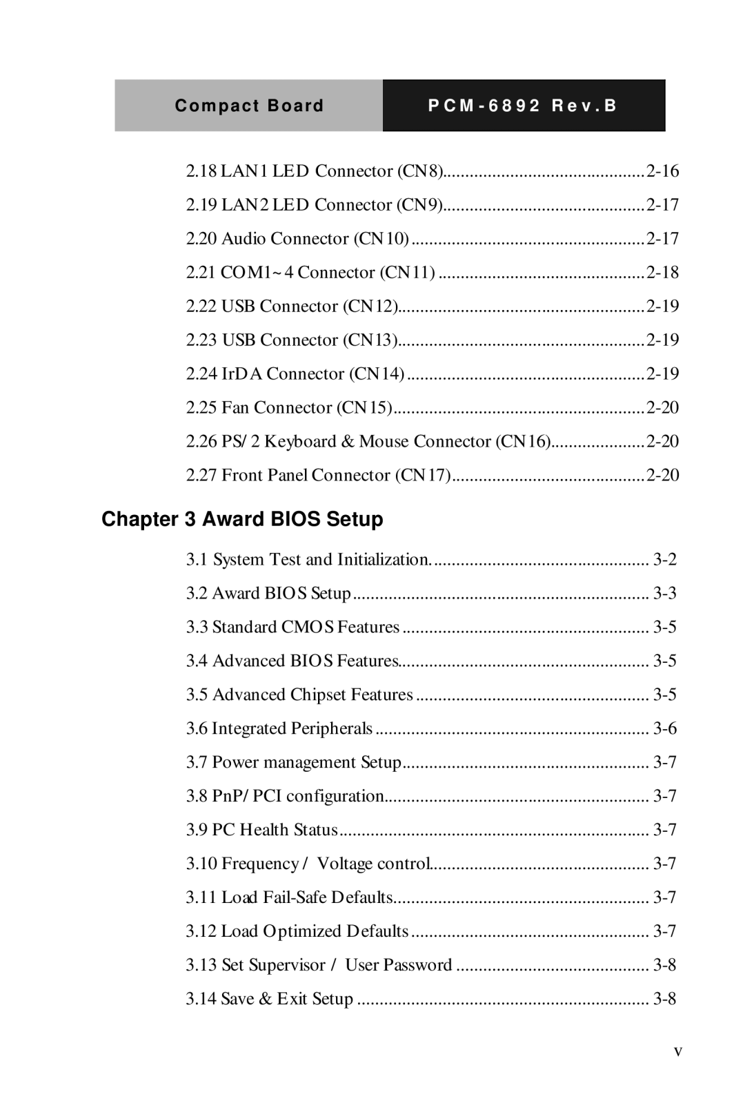 Intel PCM-6892 Rev.B, Compact Board manual Award Bios Setup 