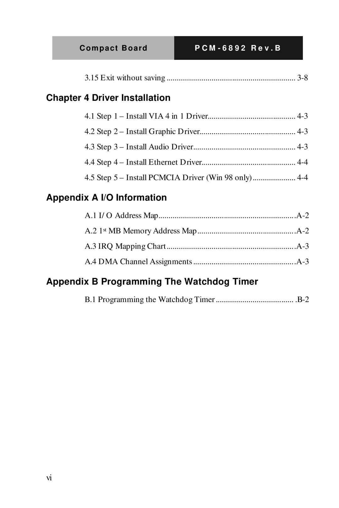 Intel Compact Board manual Driver Installation, Appendix a I/O Information, Appendix B Programming The Watchdog Timer 