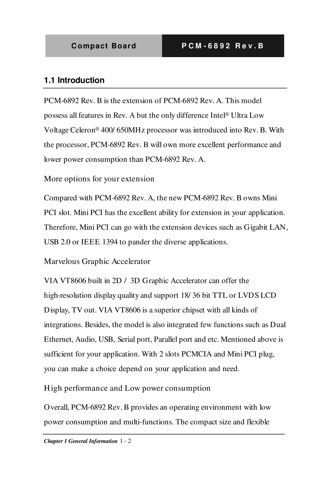 Intel Compact Board, PCM-6892 Rev.B manual Introduction, More options for your extension 