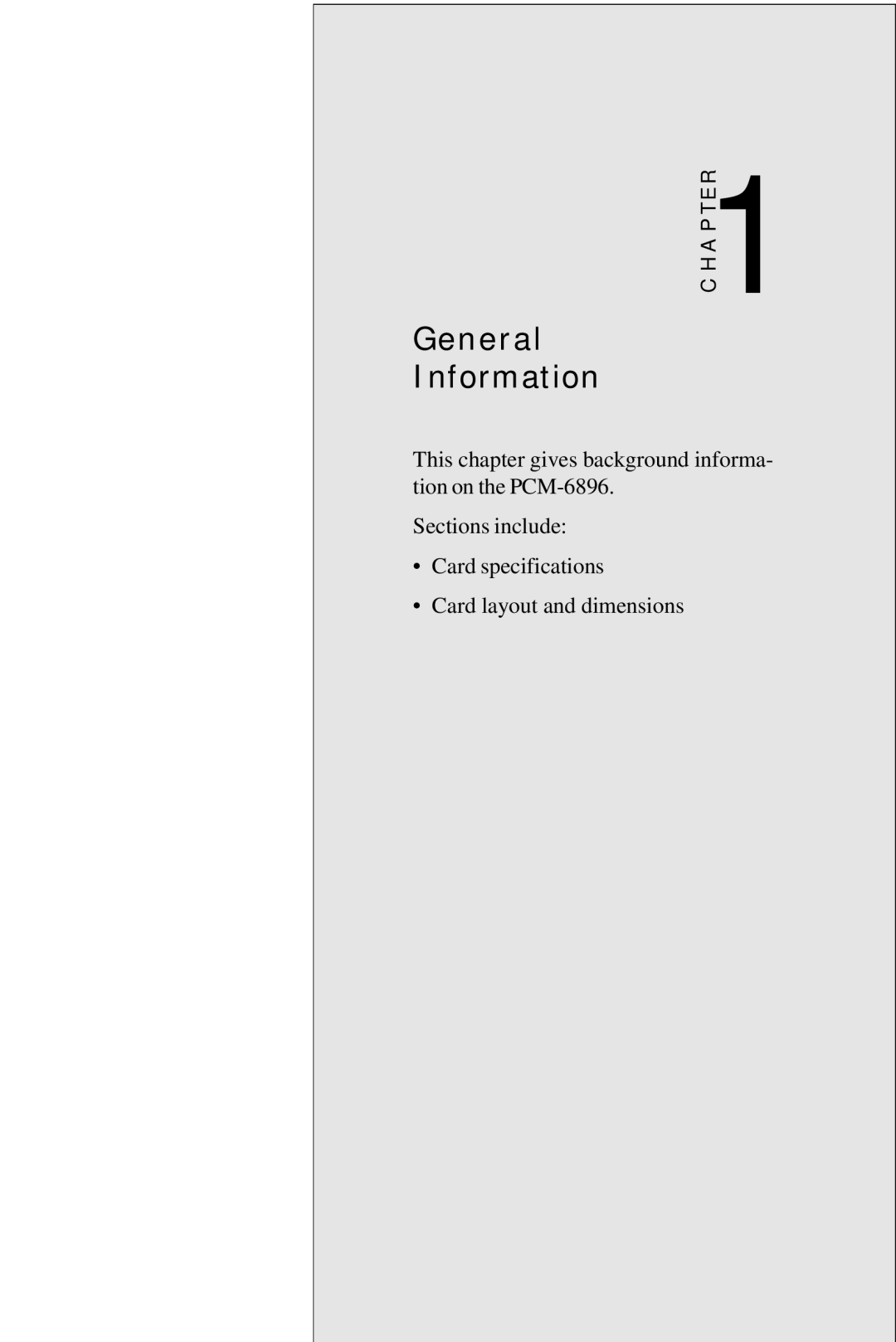 Intel manual General Information, This chapter gives background informa- tion on the PCM-6896, RE1 TP AH C 