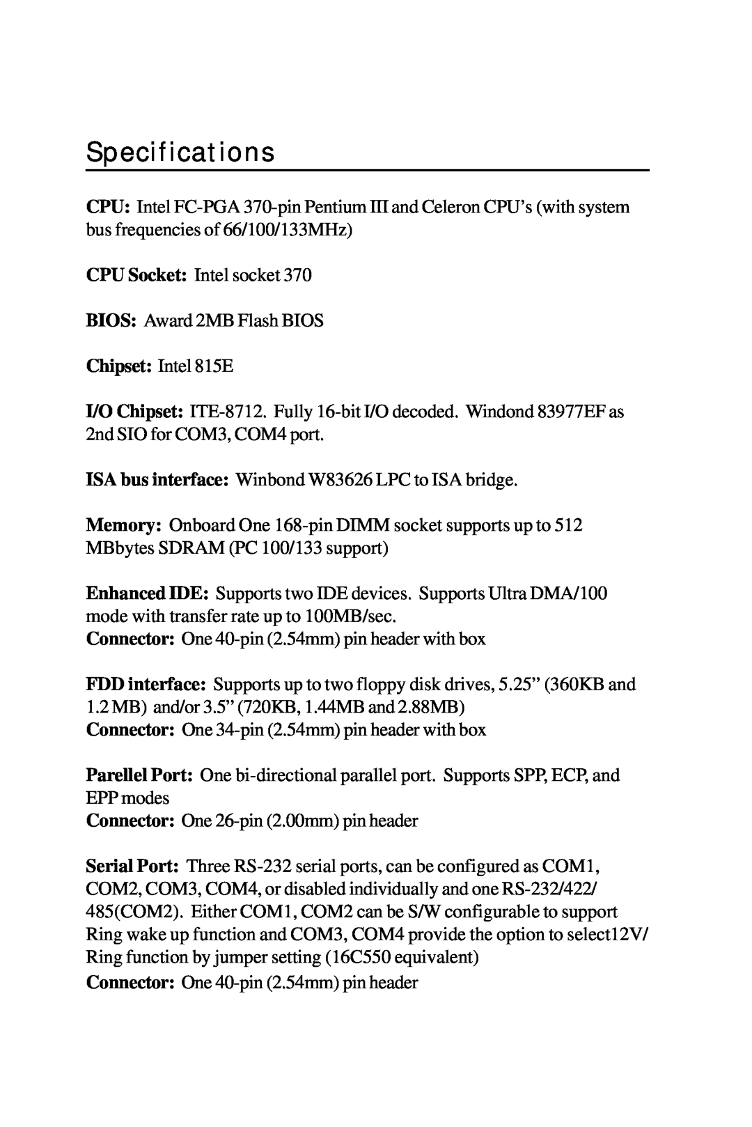 Intel PCM-6896 manual Specifications 