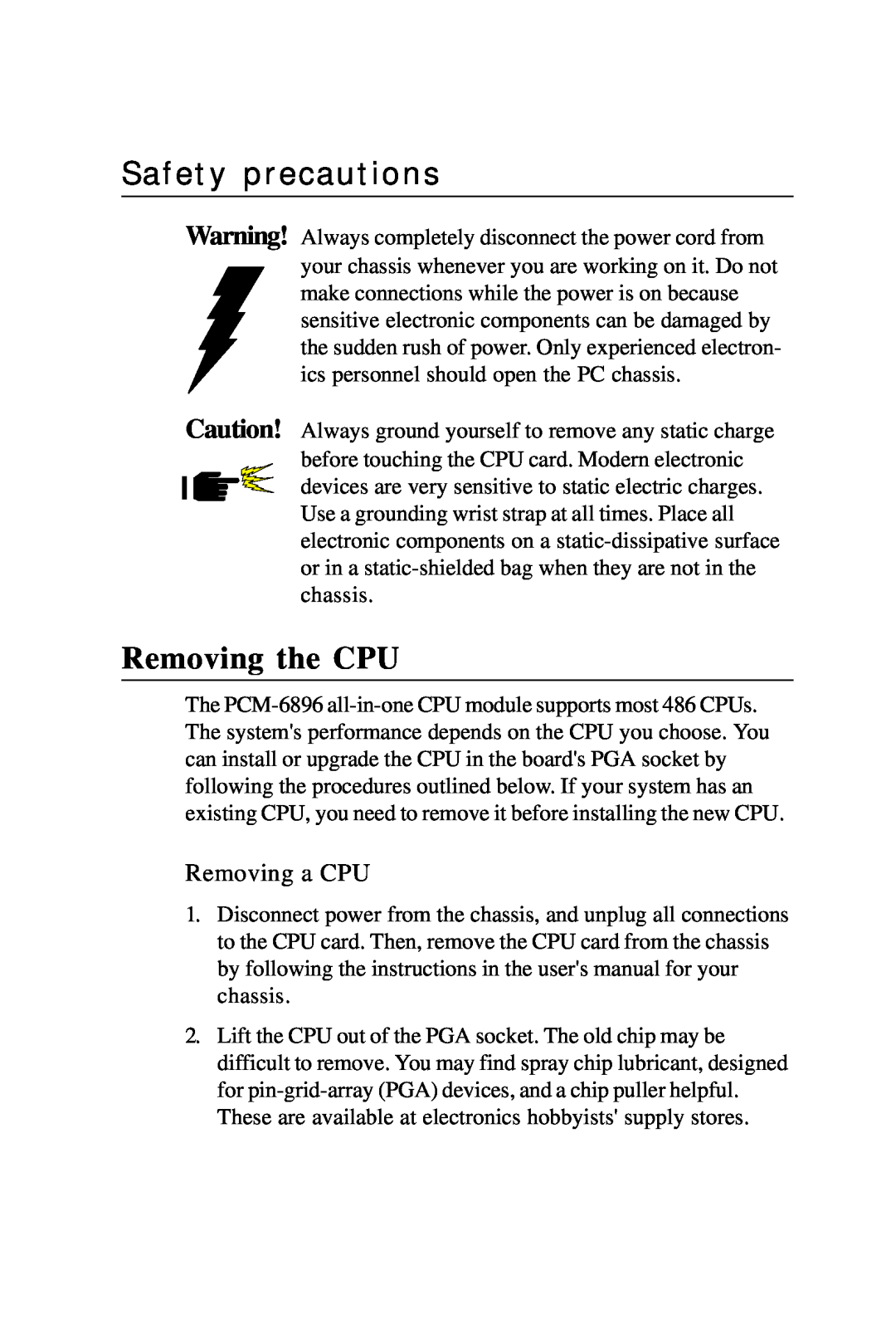 Intel PCM-6896 manual Safety precautions, Removing the CPU, Removing a CPU 