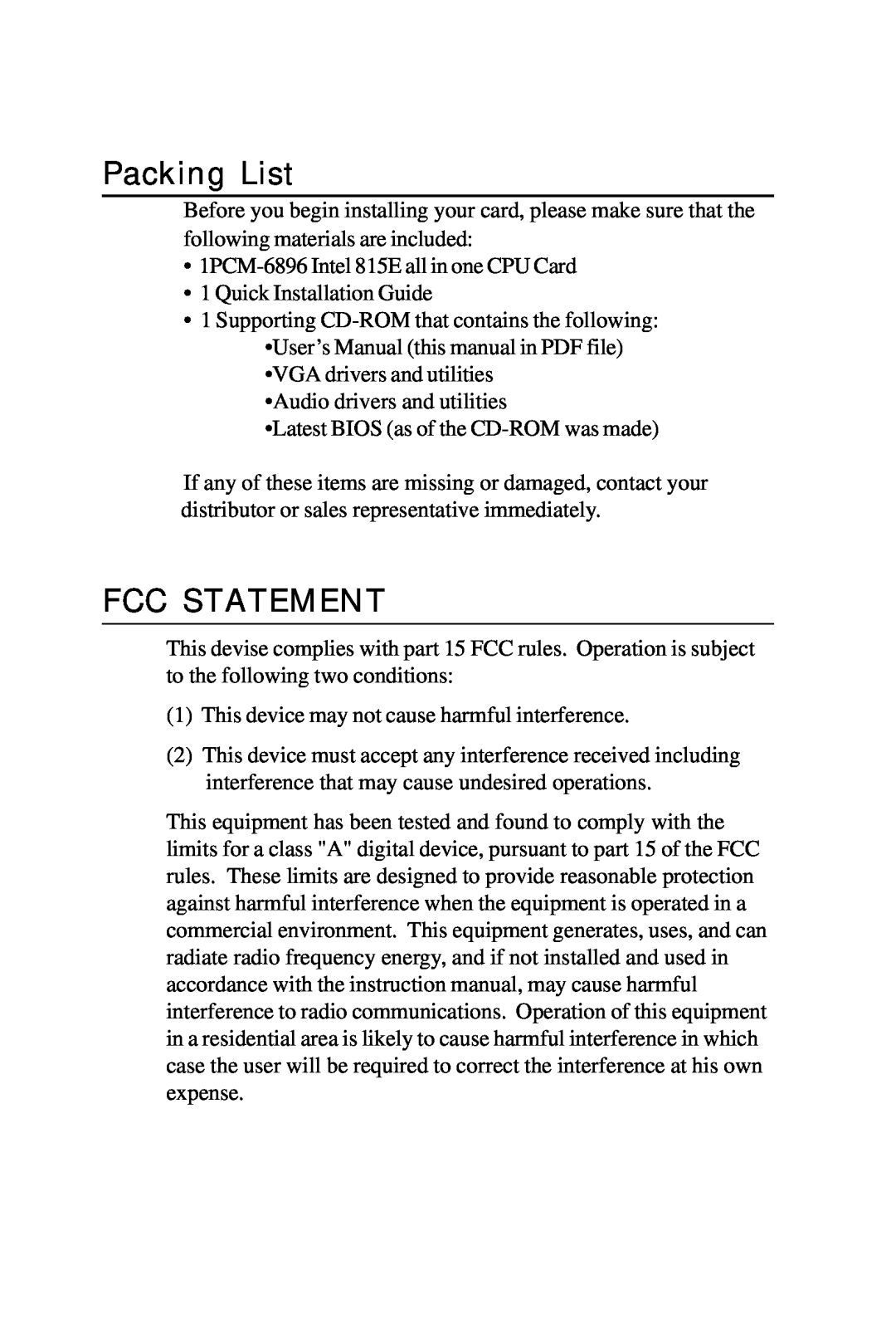 Intel PCM-6896 manual Packing List, Fcc Statement 