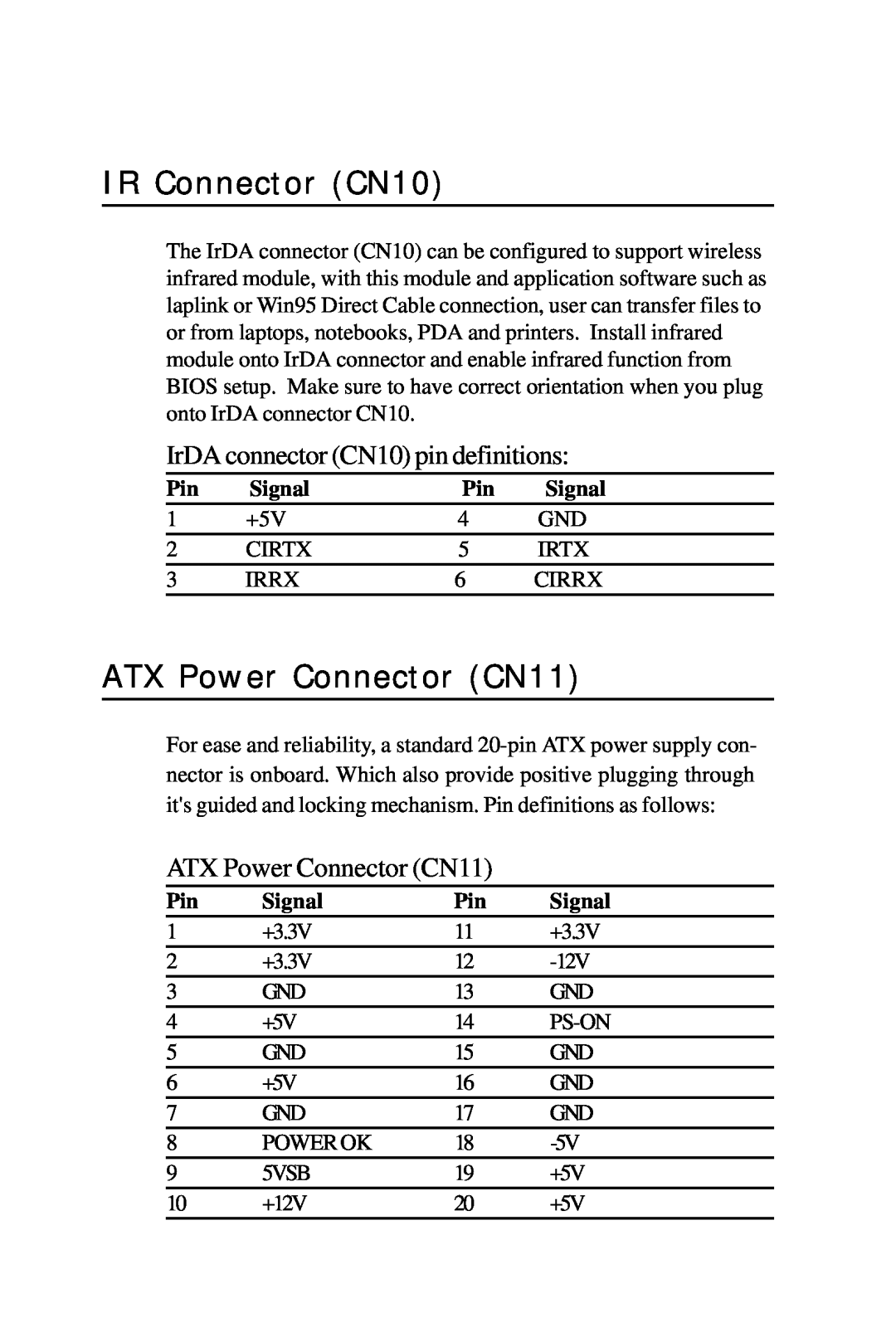 Intel PCM-6896 manual IR Connector CN10, ATX Power Connector CN11, IrDA connector CN10 pin definitions 