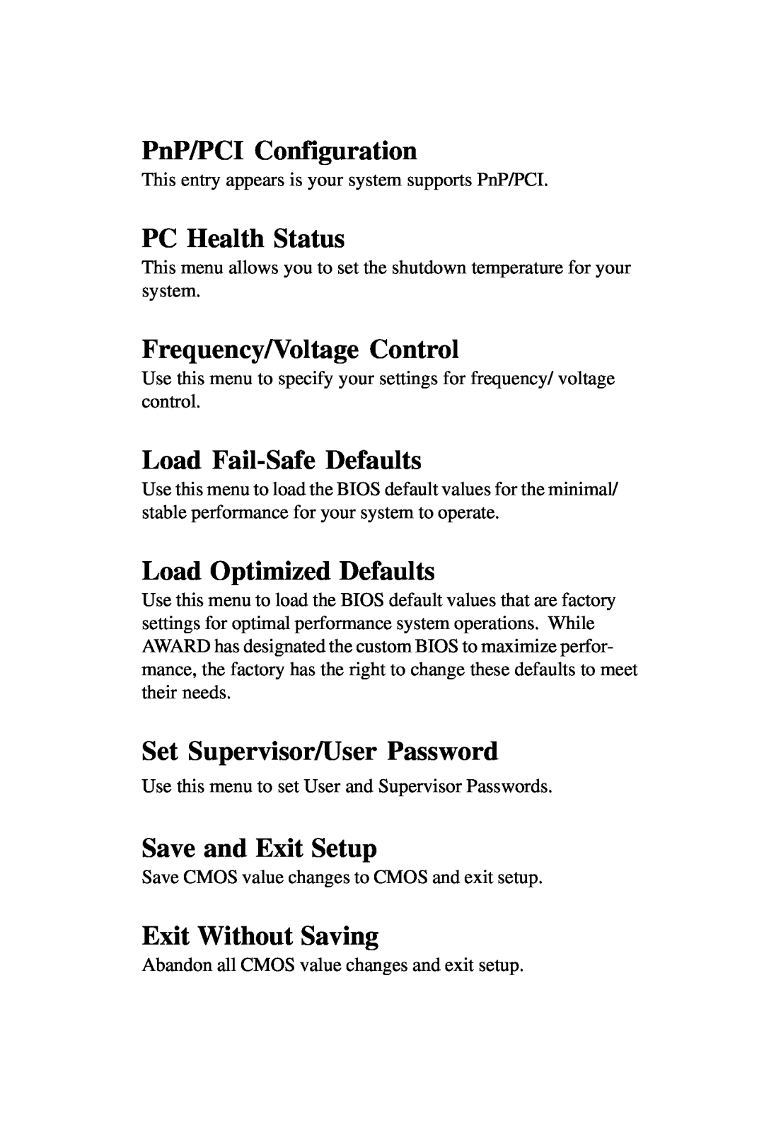 Intel PCM-6896 manual PnP/PCI Configuration, PC Health Status, Frequency/Voltage Control, Load Fail-Safe Defaults 