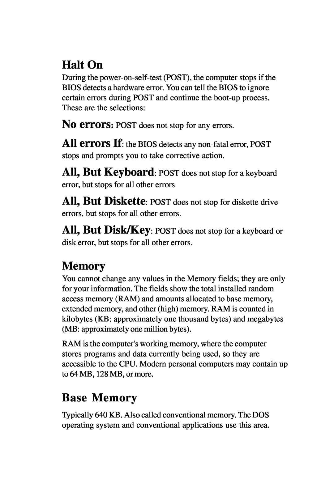 Intel PCM-6896 manual Halt On, Base Memory 