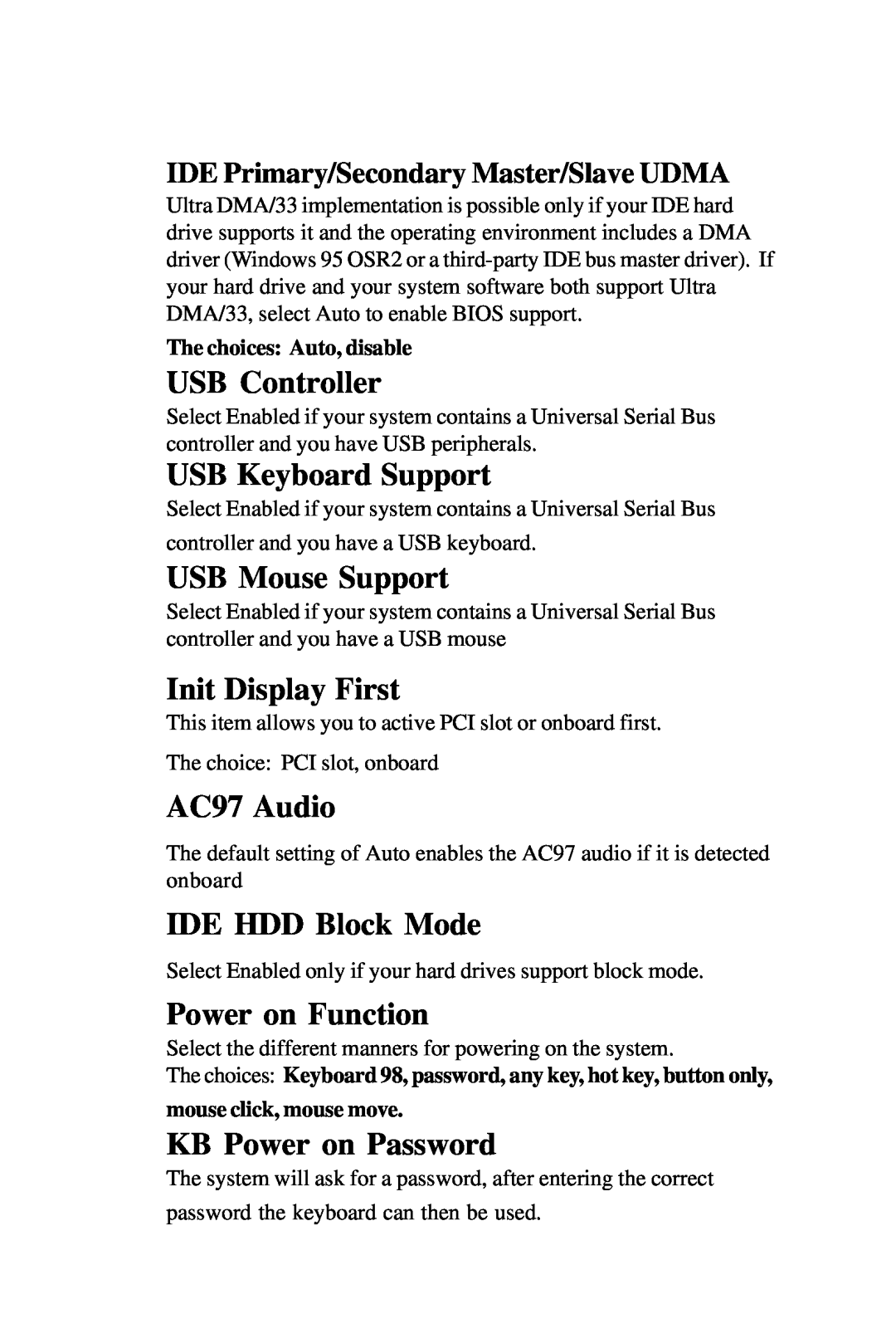 Intel PCM-6896 USB Controller, USB Keyboard Support, USB Mouse Support, Init Display First, AC97 Audio, IDE HDD Block Mode 