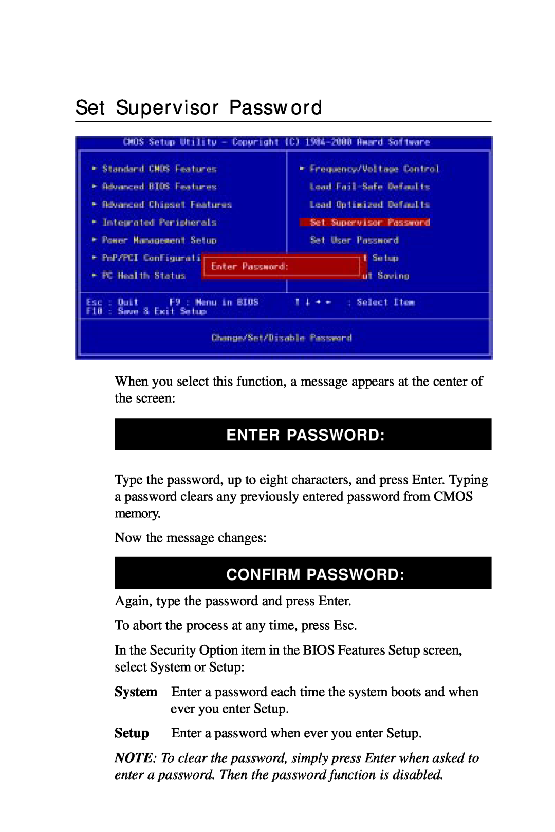 Intel PCM-6896 manual Set Supervisor Password, Enter Password, Confirm Password 