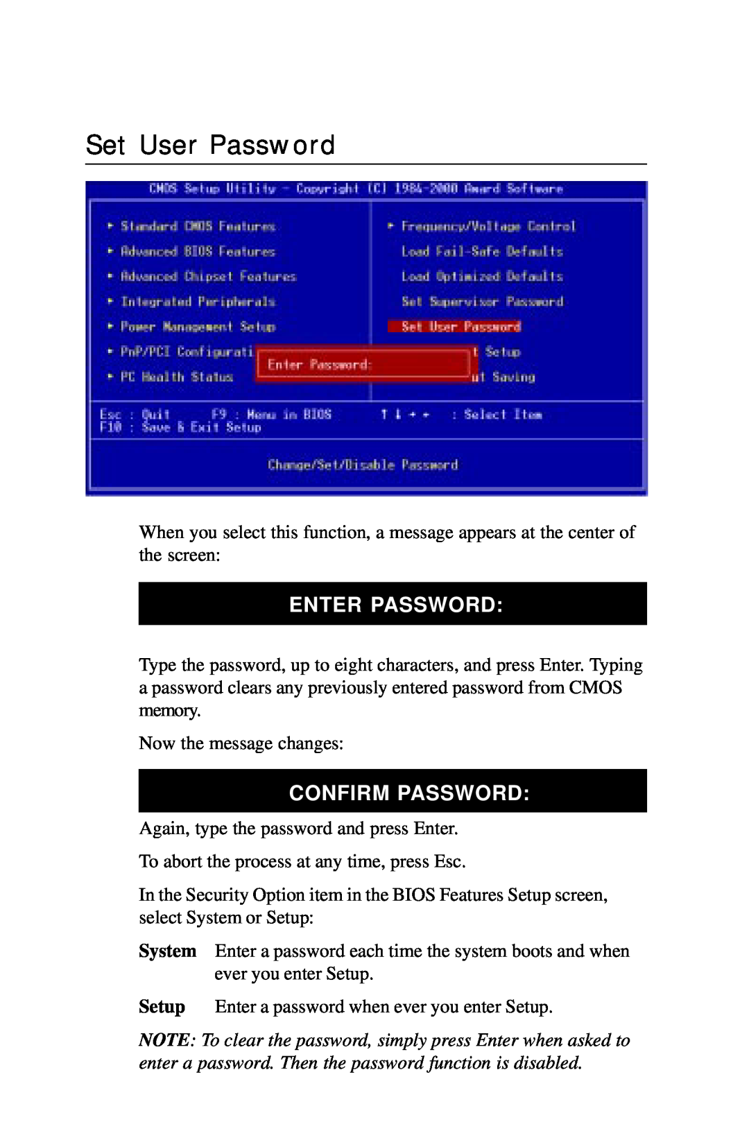 Intel PCM-6896 manual Set User Password, Enter Password, Confirm Password 