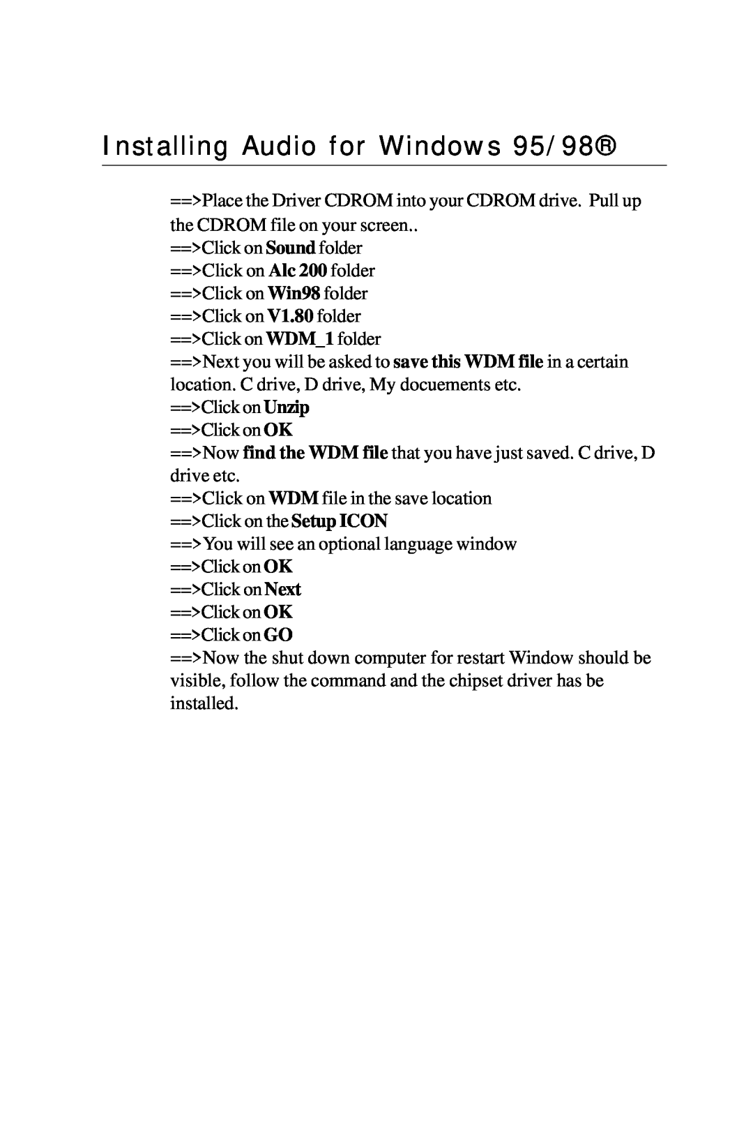 Intel PCM-6896 manual Installing Audio for Windows 95/98 