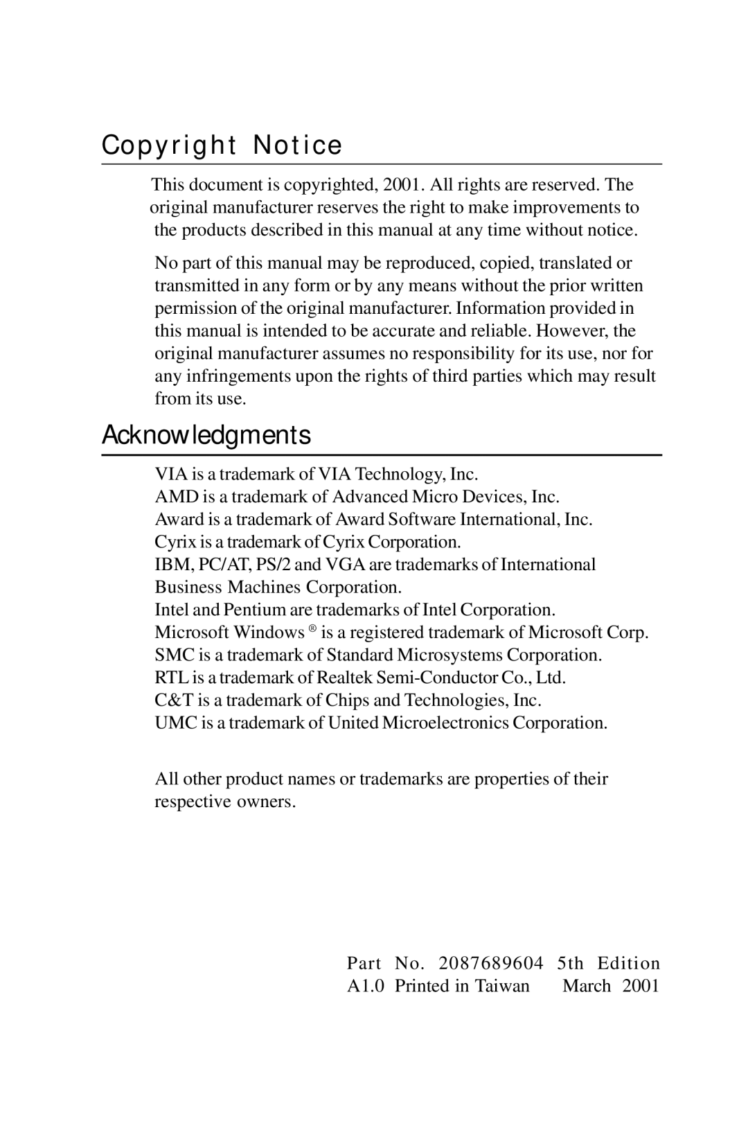 Intel PCM-6896 manual Copyright Notice, Acknowledgments 