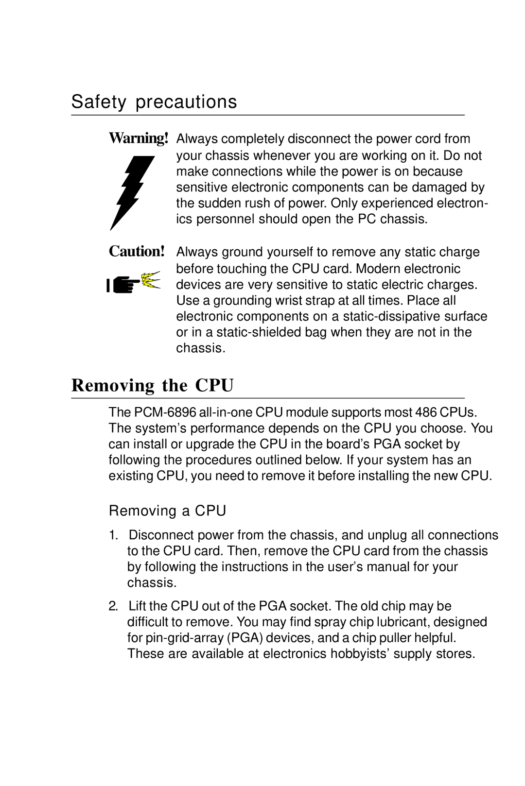 Intel PCM-6896 manual Safety precautions, Removing the CPU 