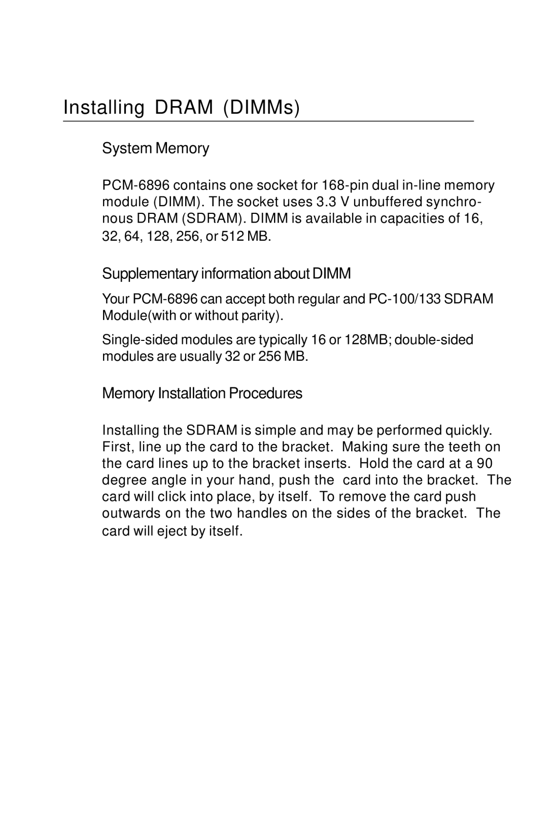 Intel PCM-6896 manual Installing Dram DIMMs, System Memory 