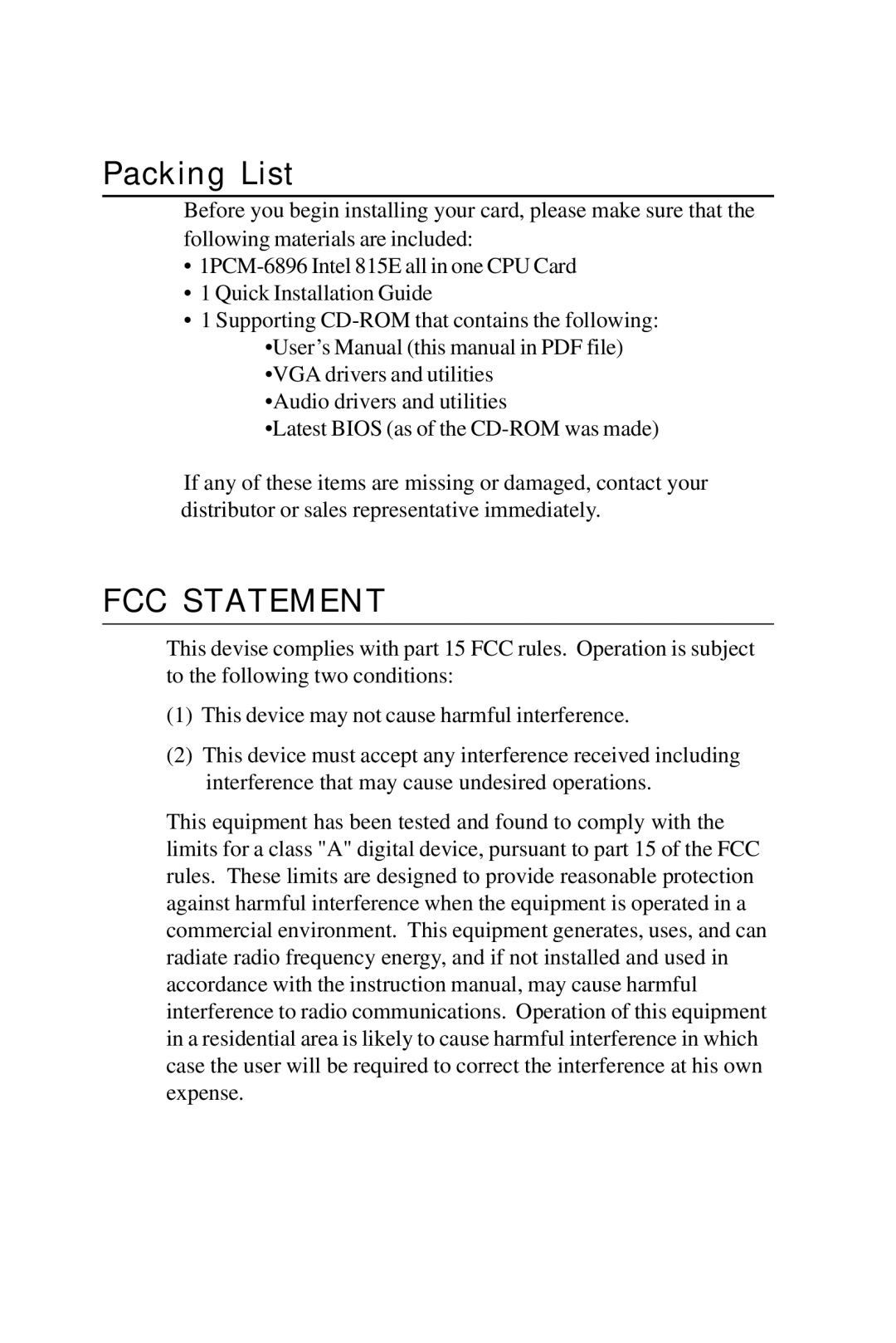 Intel PCM-6896 manual Packing List, FCC Statement 