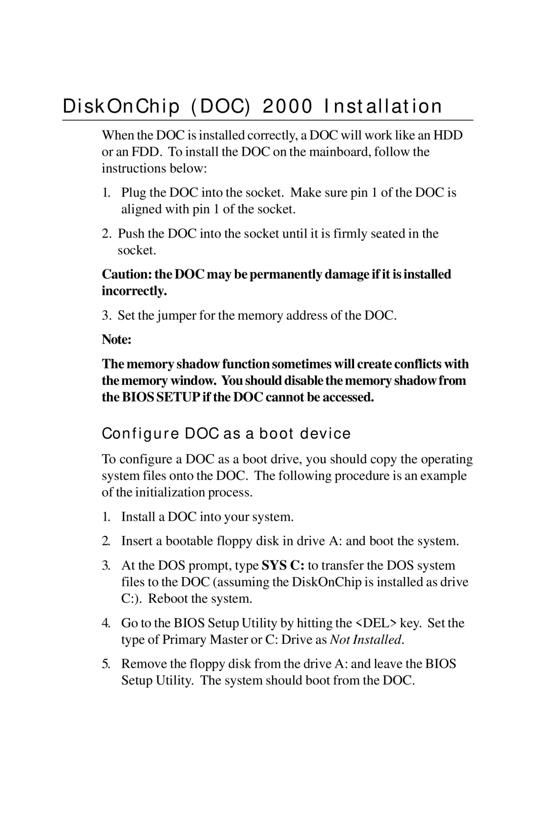 Intel PCM-6896 manual DiskOnChip DOC 2000 Installation, Configure DOC as a boot device 