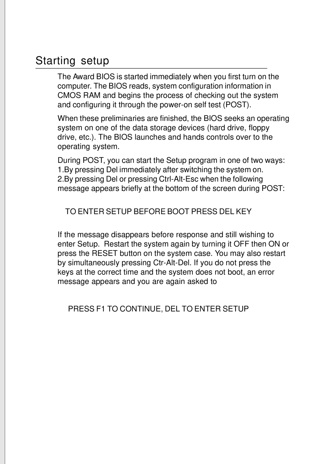 Intel PCM-6896 manual Starting setup, To Enter Setup Before Boot Press DEL KEY 