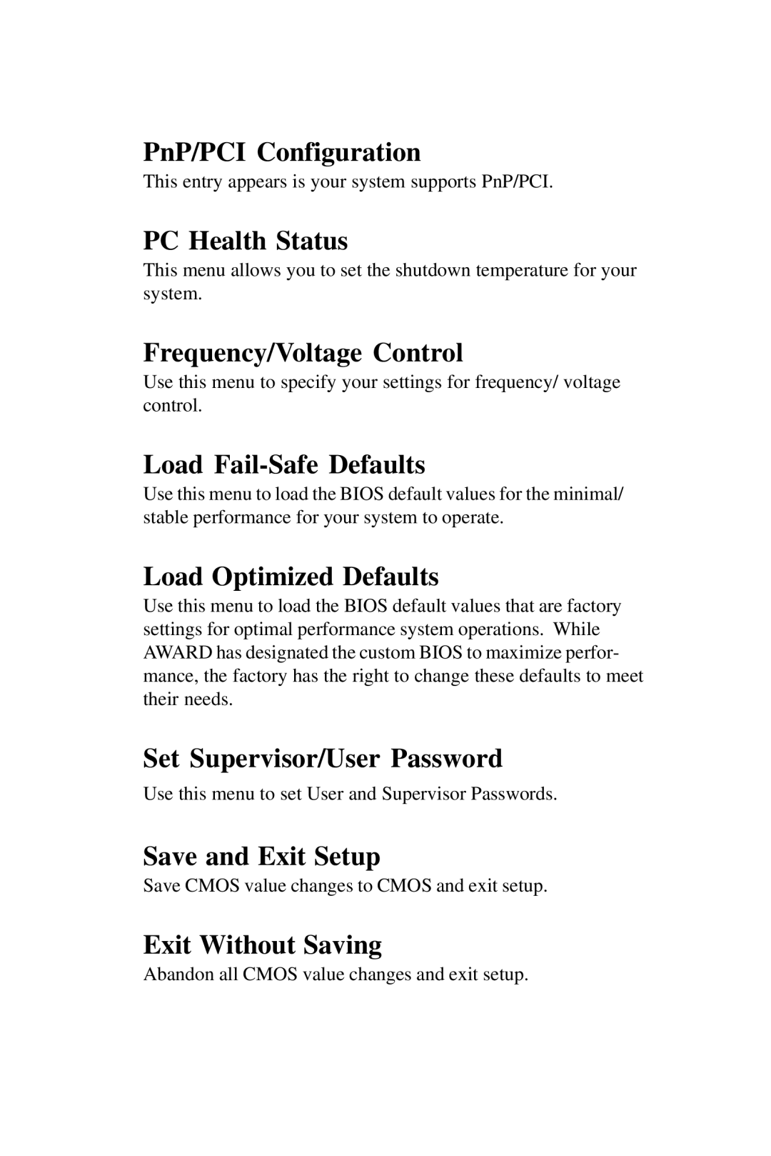 Intel PCM-6896 manual PnP/PCI Configuration, PC Health Status, Frequency/Voltage Control, Load Fail-Safe Defaults 