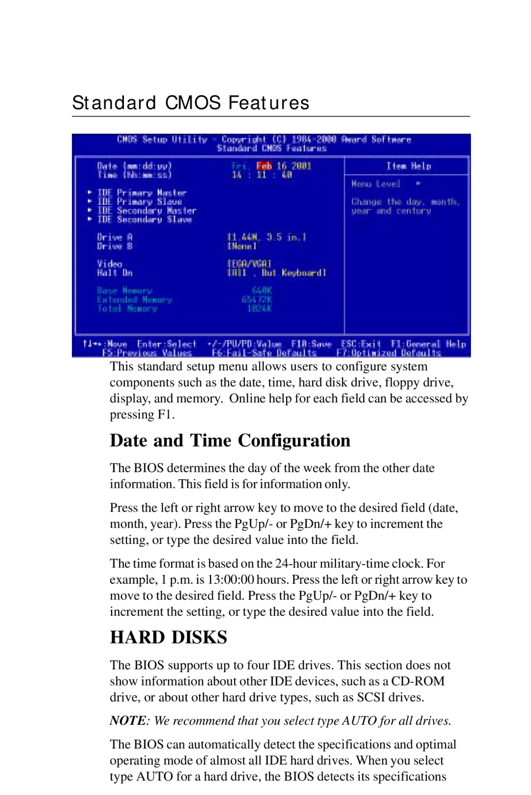 Intel PCM-6896 manual Standard Cmos Features, Date and Time Configuration 