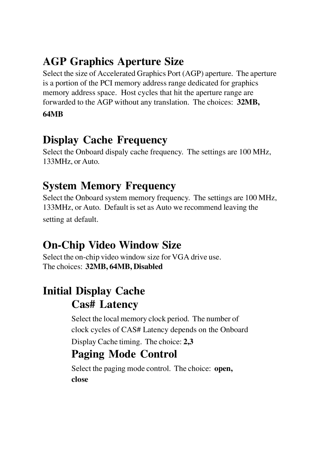 Intel PCM-6896 AGP Graphics Aperture Size, Display Cache Frequency, System Memory Frequency, On-Chip Video Window Size 