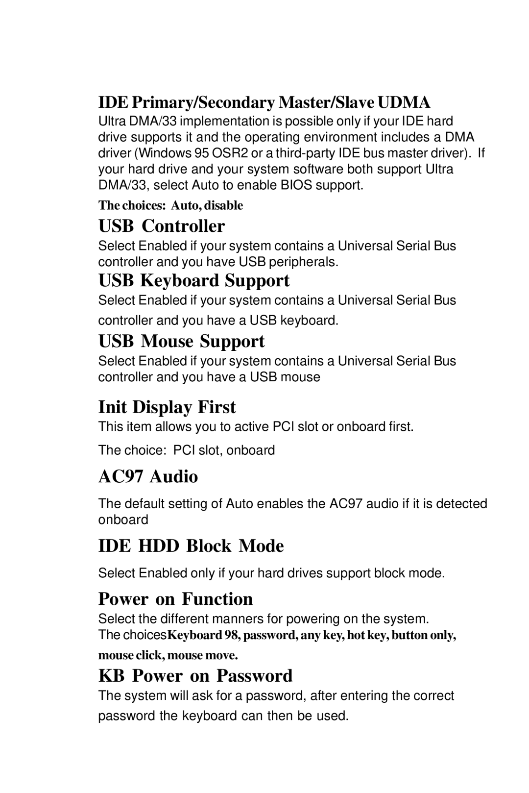 Intel PCM-6896 USB Controller, USB Keyboard Support, USB Mouse Support, Init Display First, AC97 Audio, IDE HDD Block Mode 